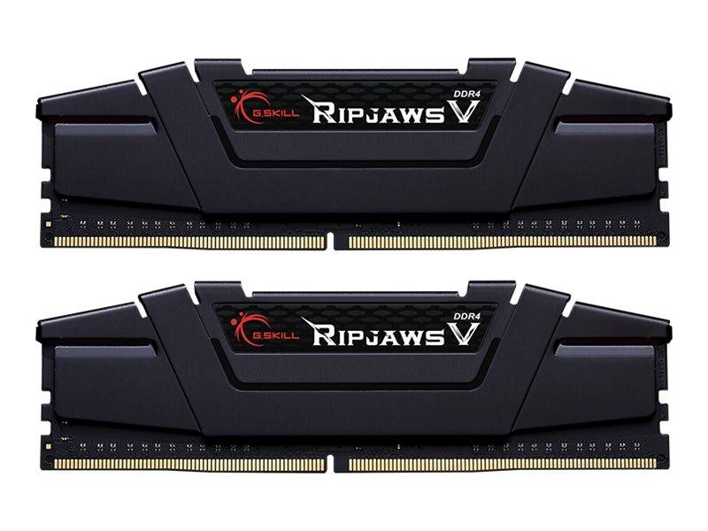 Zwei G.SKILL Ripjaws V DDR4-Desktopspeichermodule auf weißem Hintergrund dargestellt.
