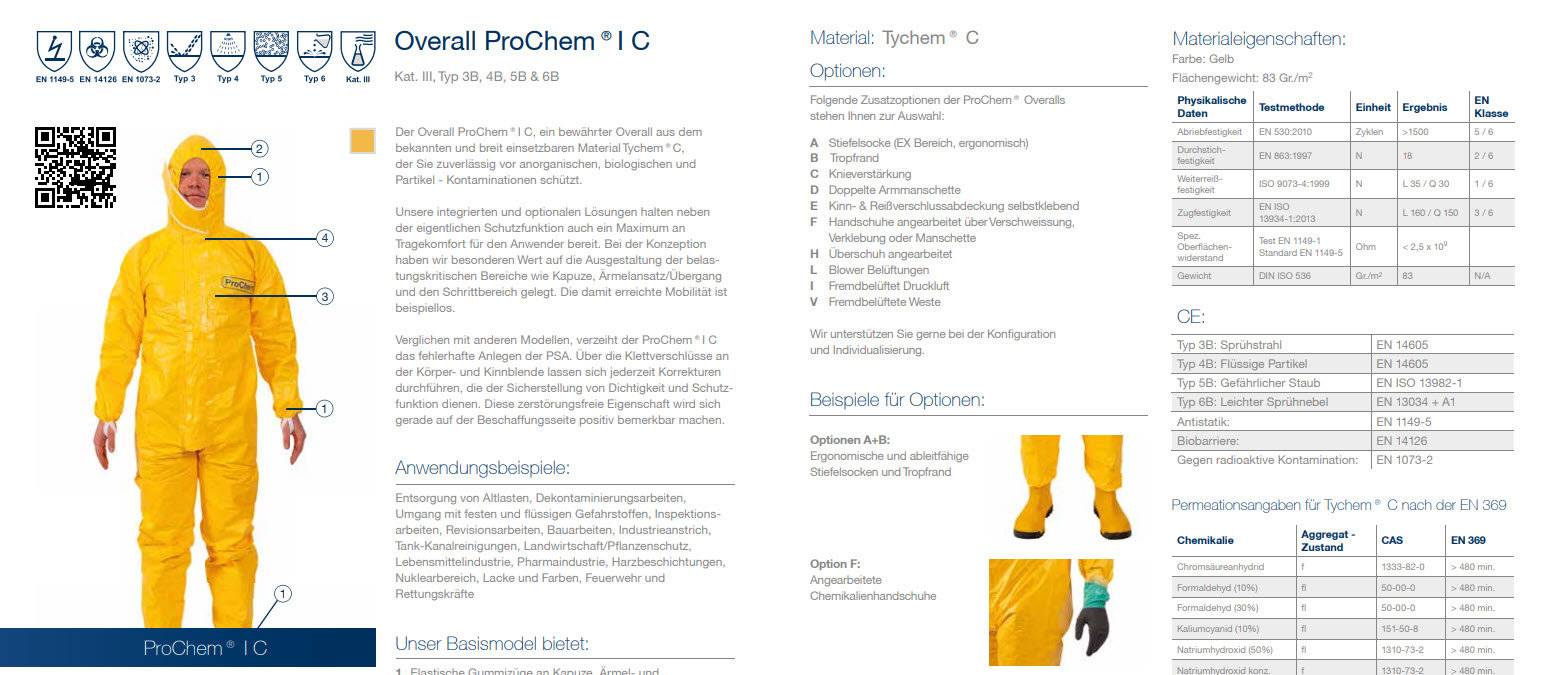 ProChem II C gelb Overall Chemikalienschutzanzug Kat. III, Typ 3B, 4B, 5B & 6B XXL gelb