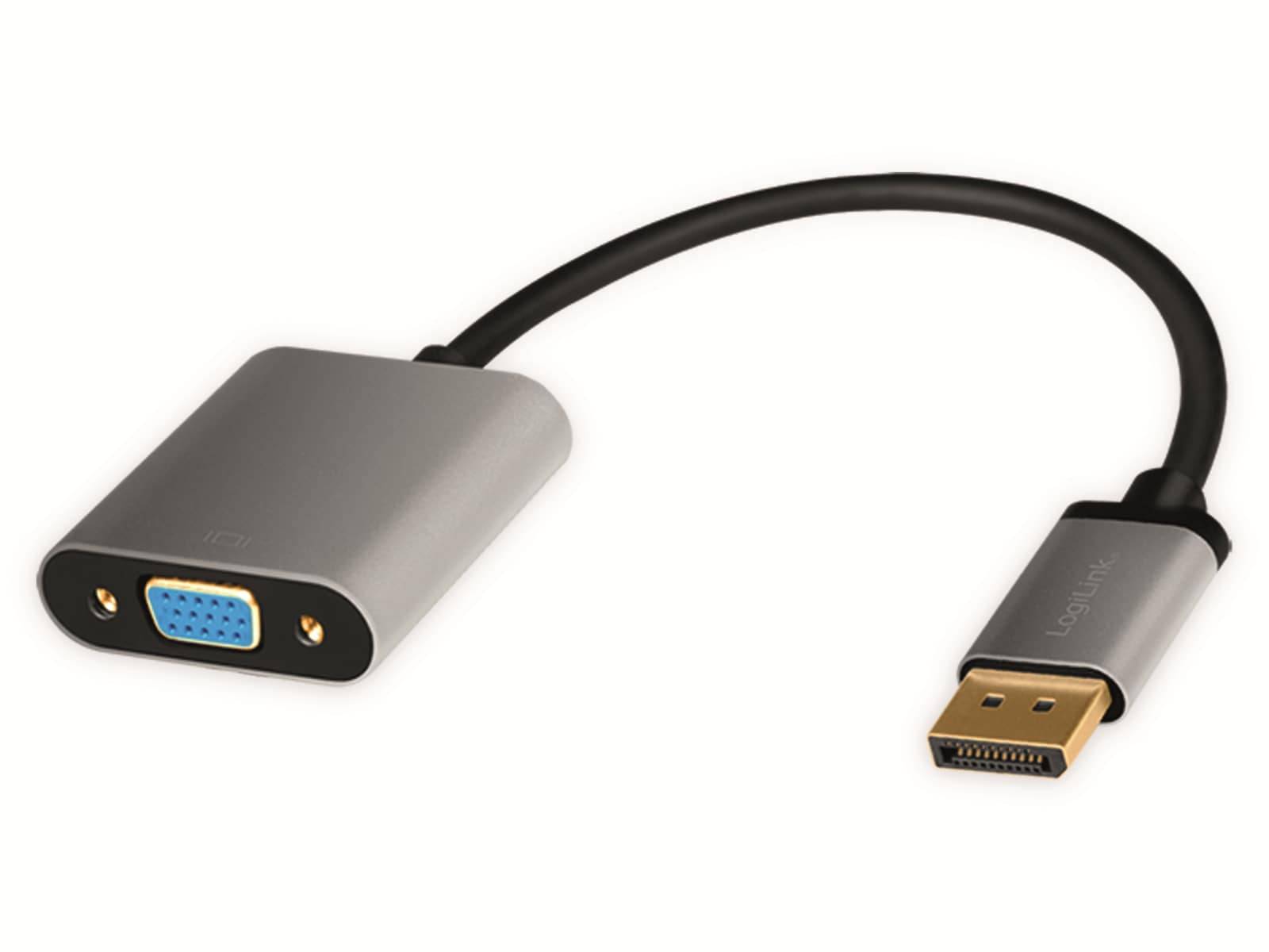 Ein silberner VGA-zu-DisplayPort-Adapter mit einem kurzen schwarzen Kabel. Der VGA-Anschluss befindet sich links und der DisplayPort-Stecker rechts.