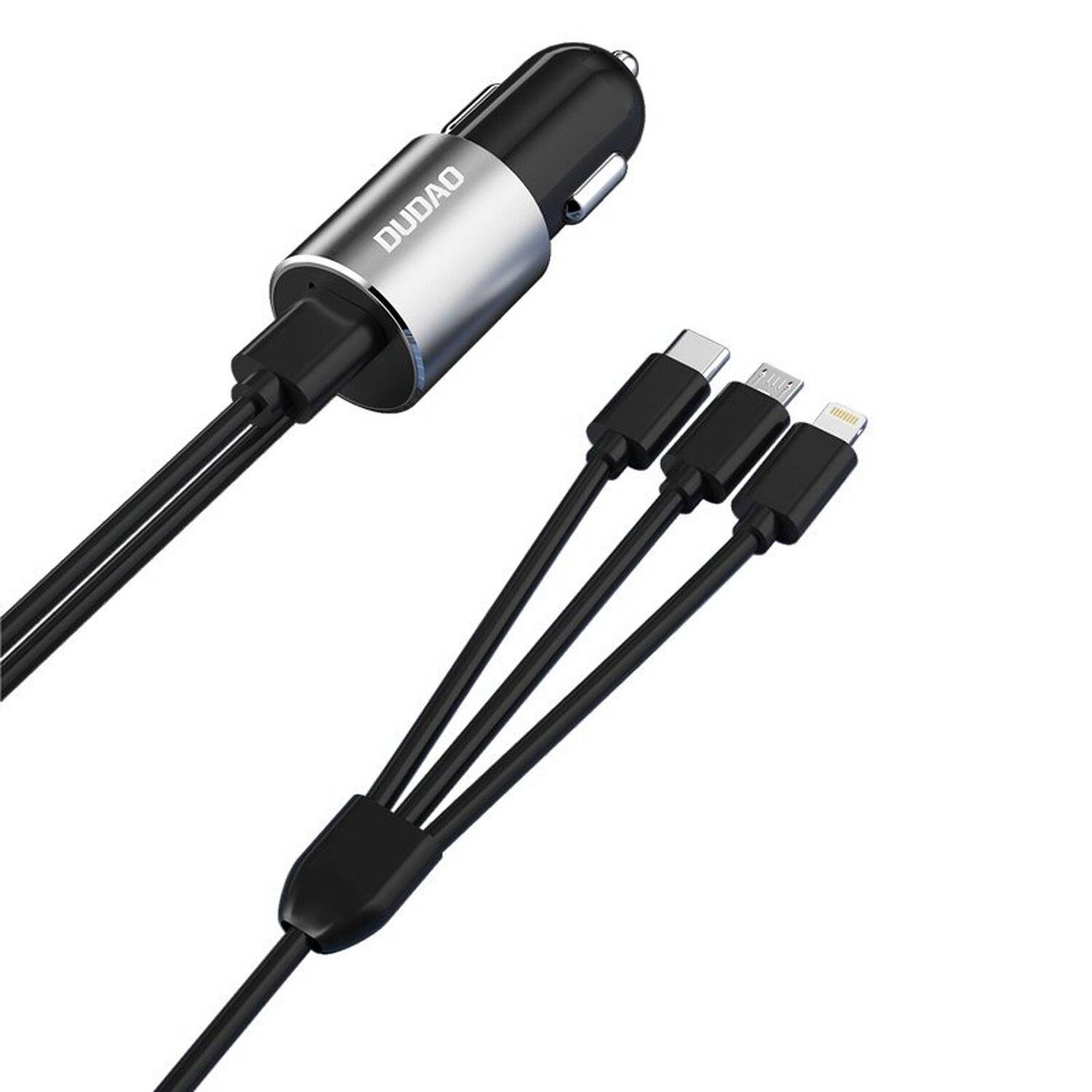 Dudao 3in1 Kfz Ladegerät USB 3,4 A Kabel iPhone / USB Typ C / micro USB Auto-Ladegerät schwarz