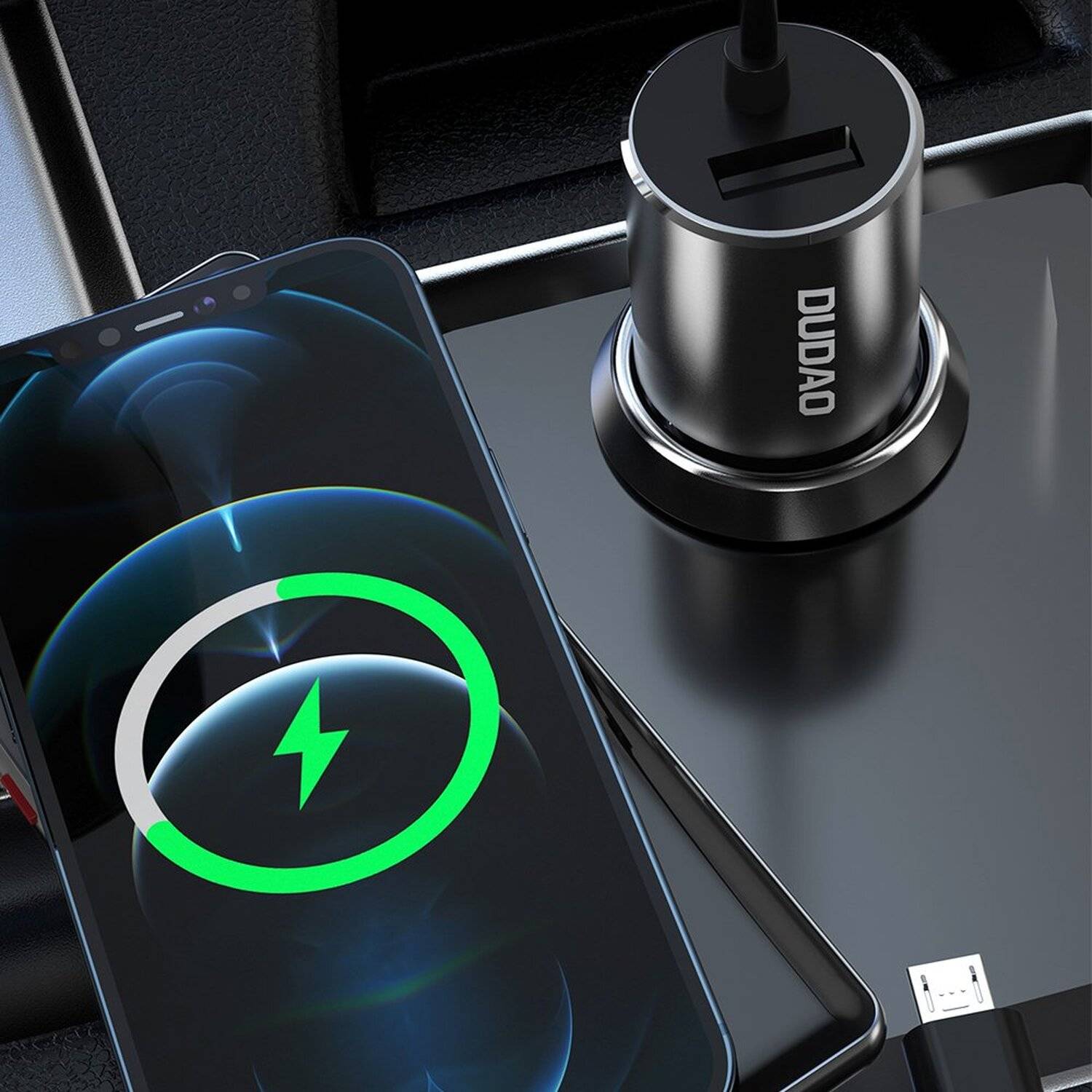 Dudao 3in1 Kfz Ladegerät USB 3,4 A Kabel iPhone / USB Typ C / micro USB Auto-Ladegerät schwarz