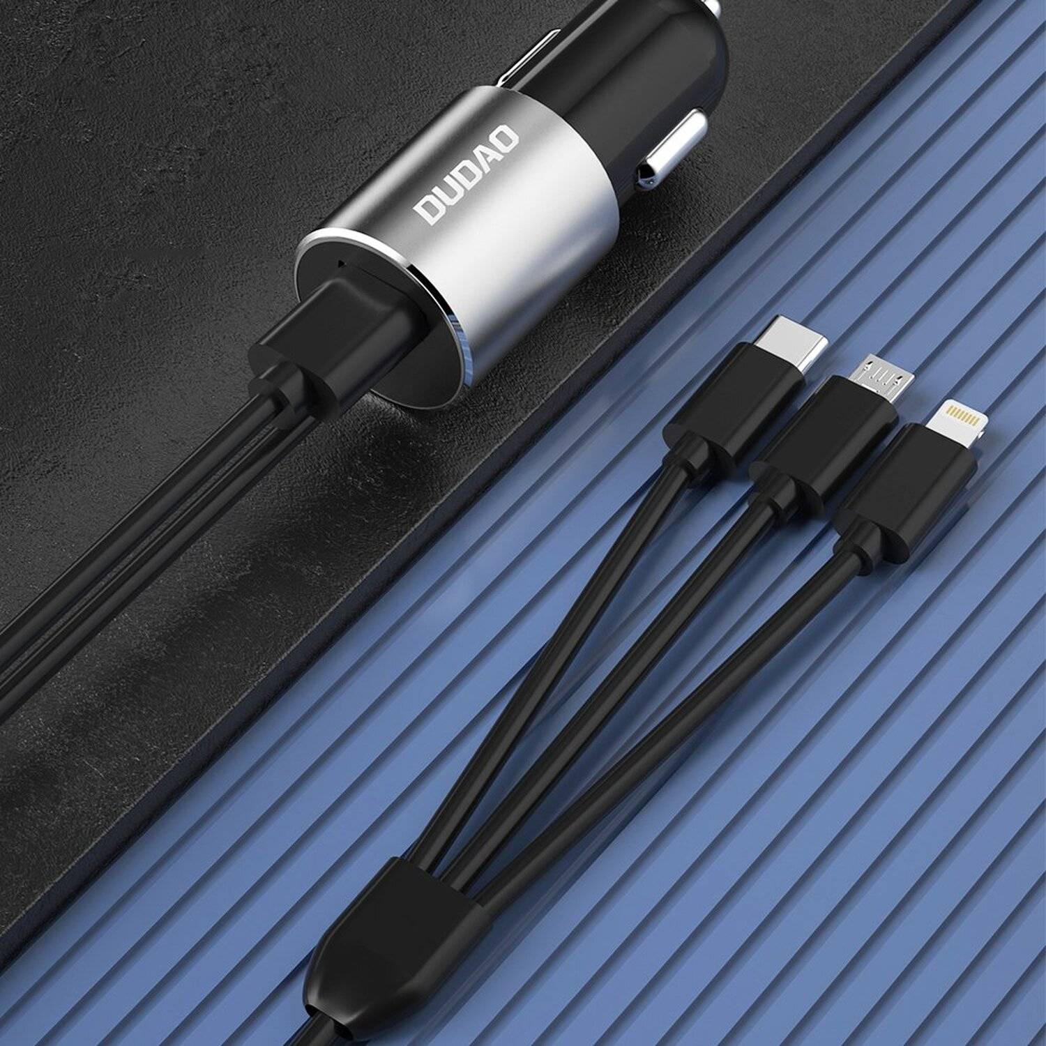Dudao 3in1 Kfz Ladegerät USB 3,4 A Kabel iPhone / USB Typ C / micro USB Auto-Ladegerät schwarz
