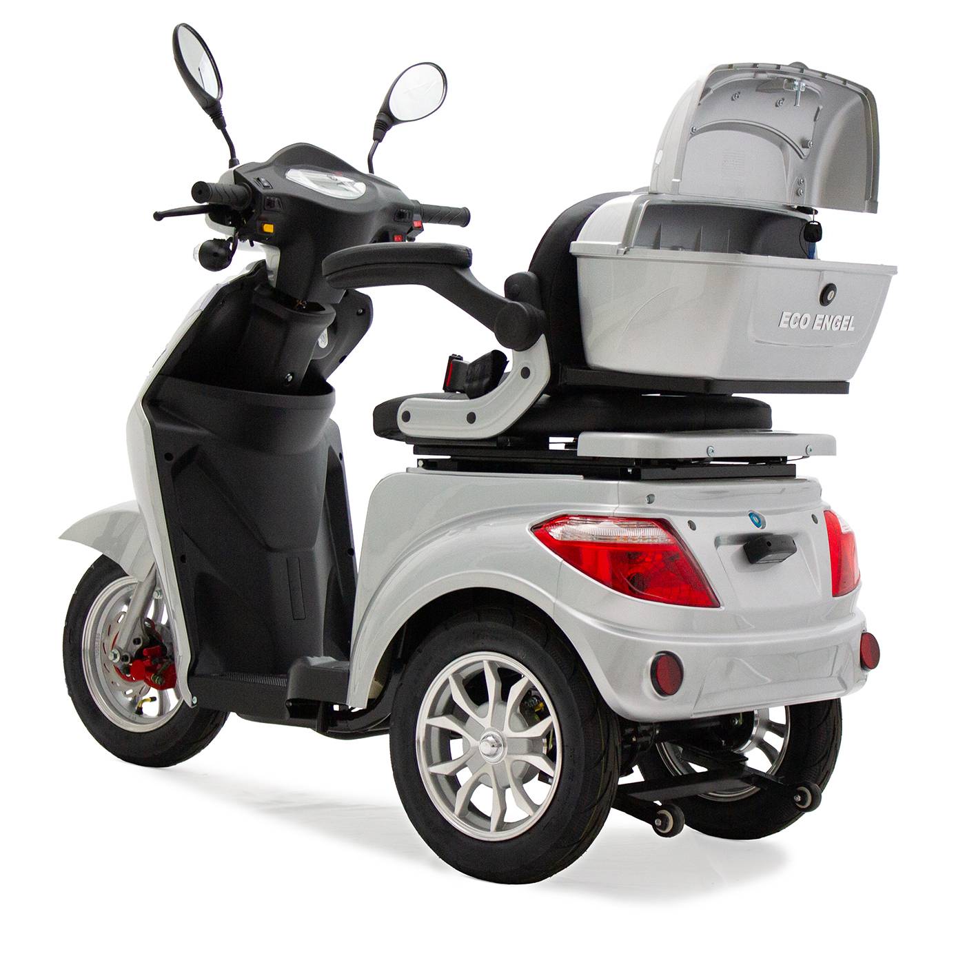 Elektromobilitätsroller in Weiß mit hinterer Aufbewahrungsbox mit der Bezeichnung „ECO ENGEL