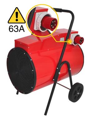 Ein roter Industriestrahler mit einem großen schwarzen Ventilator und zwei roten Steckern, einschließlich eines hervorgehobenen 63A-Steckers, montiert auf einem fahrbaren Gestell.