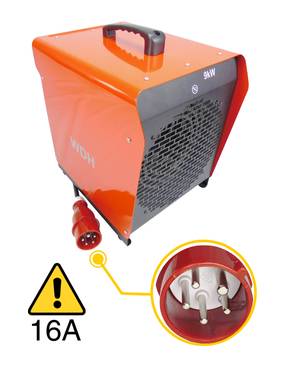 Ein industrieller orangefarbener Heizer mit einer 9-kW-Beschriftung, die eine Nahaufnahme eines 16-A-Stromsteckers zeigt. Ein Warnsymbol weist auf den Steckertyp hin.