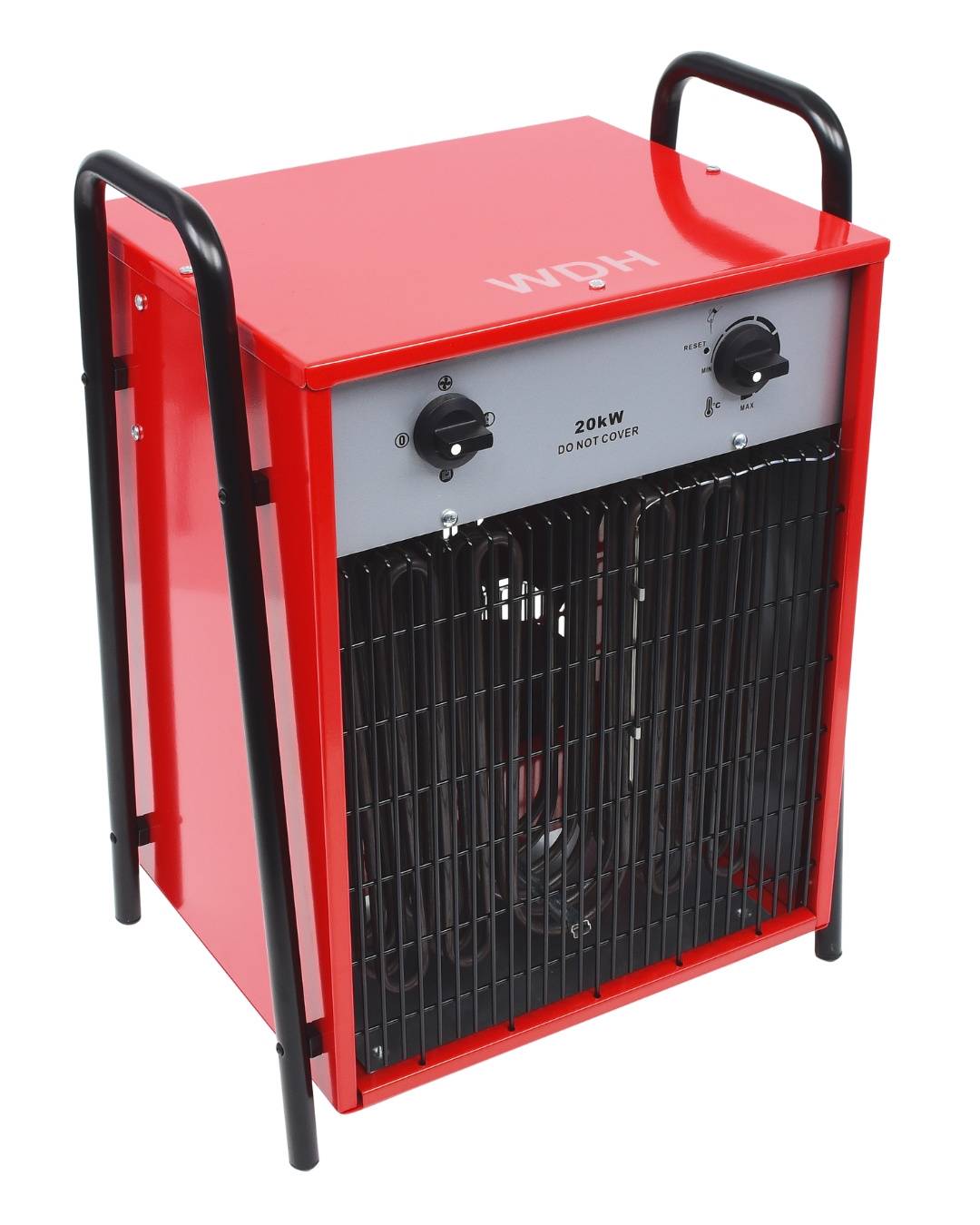 Roter Industrieheizer mit schwarzen Griffen, zwei Bedienungsknöpfen und Schutzgitter an der Vorderseite; auf dem Frontpanel mit „20kW NICHT ABDECKEN