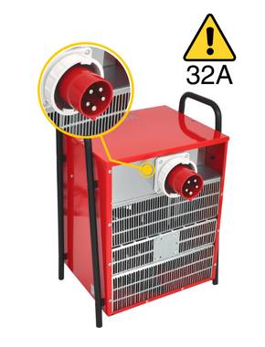 Ein roter Industrieheizer mit einem 32-A-Stromstecker und einem Warnsymbol, das seine elektrische Leistung anzeigt.