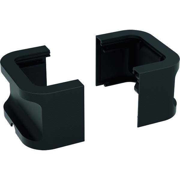 Schwarze Kunststoff-Eckenschutzecken für Möbel, in zwei separaten Teilen gezeigt, die dazu dienen, Ecken vor Beschädigungen zu schützen und die Sicherheit zu gewährleisten.