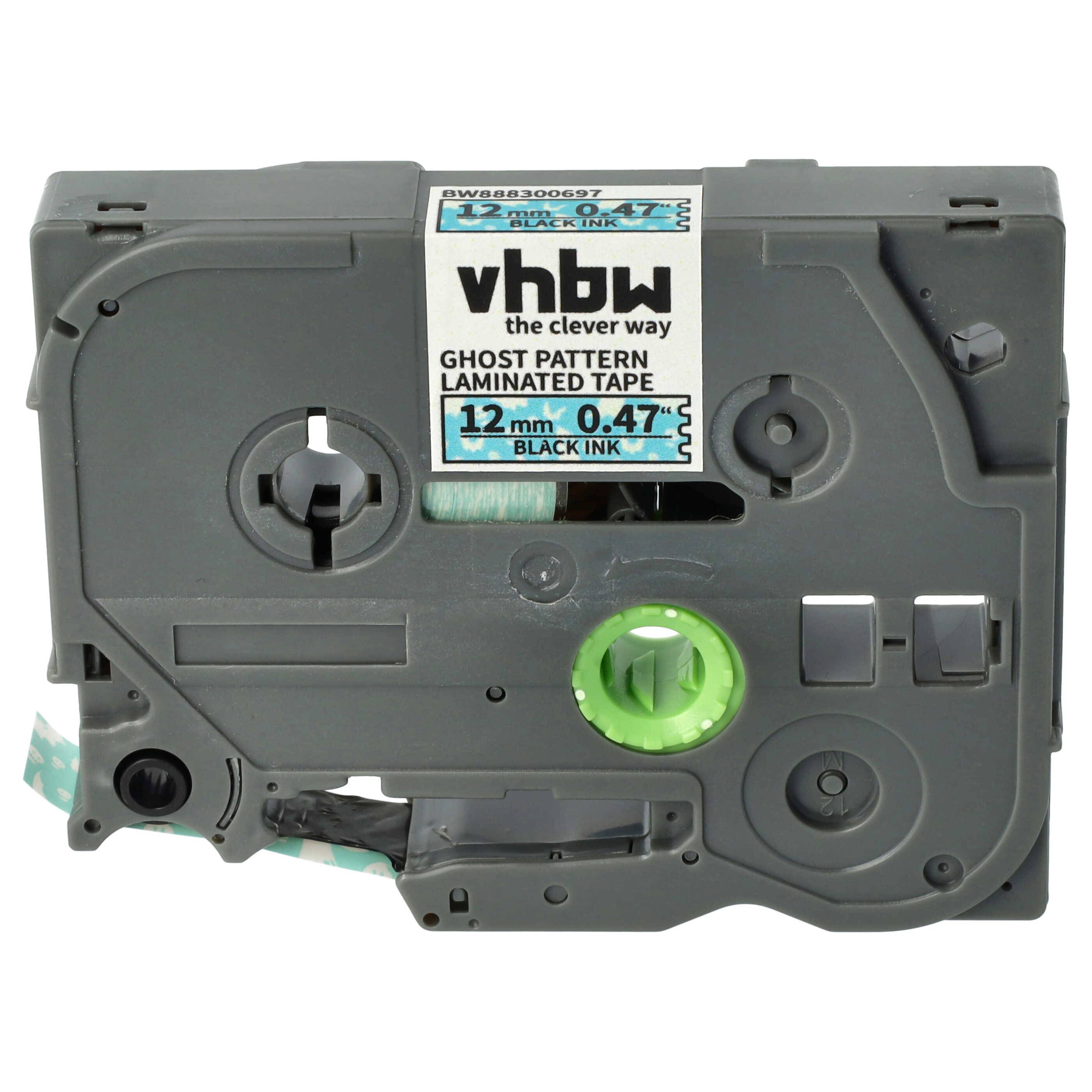 vhbw Schriftband-Kassette kompatibel mit Brother PT E110, E300, E115, E200 Etiketten-Drucker 8m x 12mm Schwarz auf Blau (Geistermuster), Laminiert