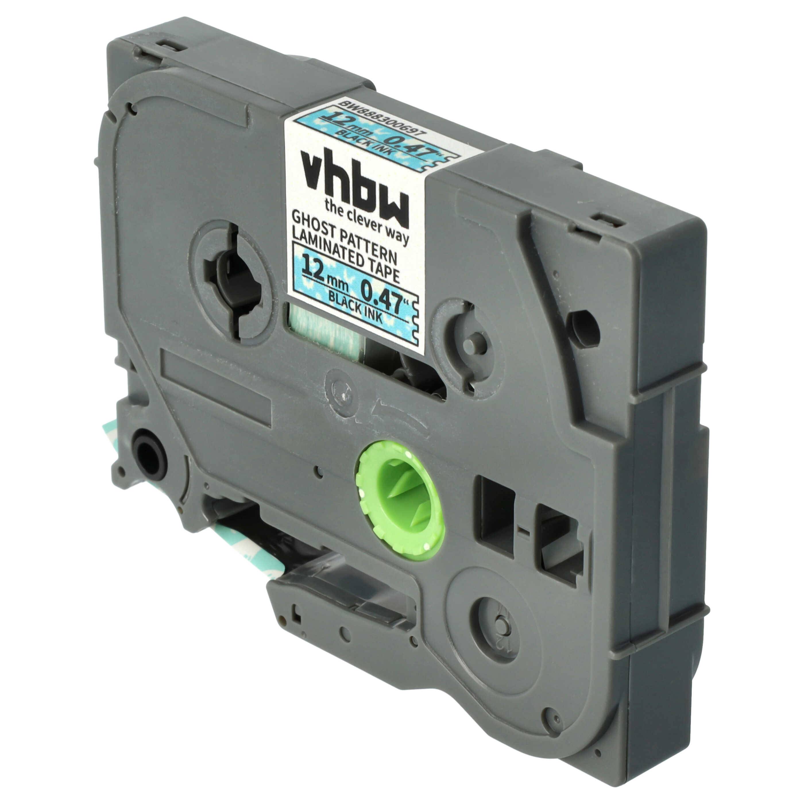 vhbw Schriftband-Kassette kompatibel mit Brother PT 1250VP, 1250VPS, 1250S Etiketten-Drucker 8m x 12mm Schwarz auf Blau (Geistermuster), Laminiert