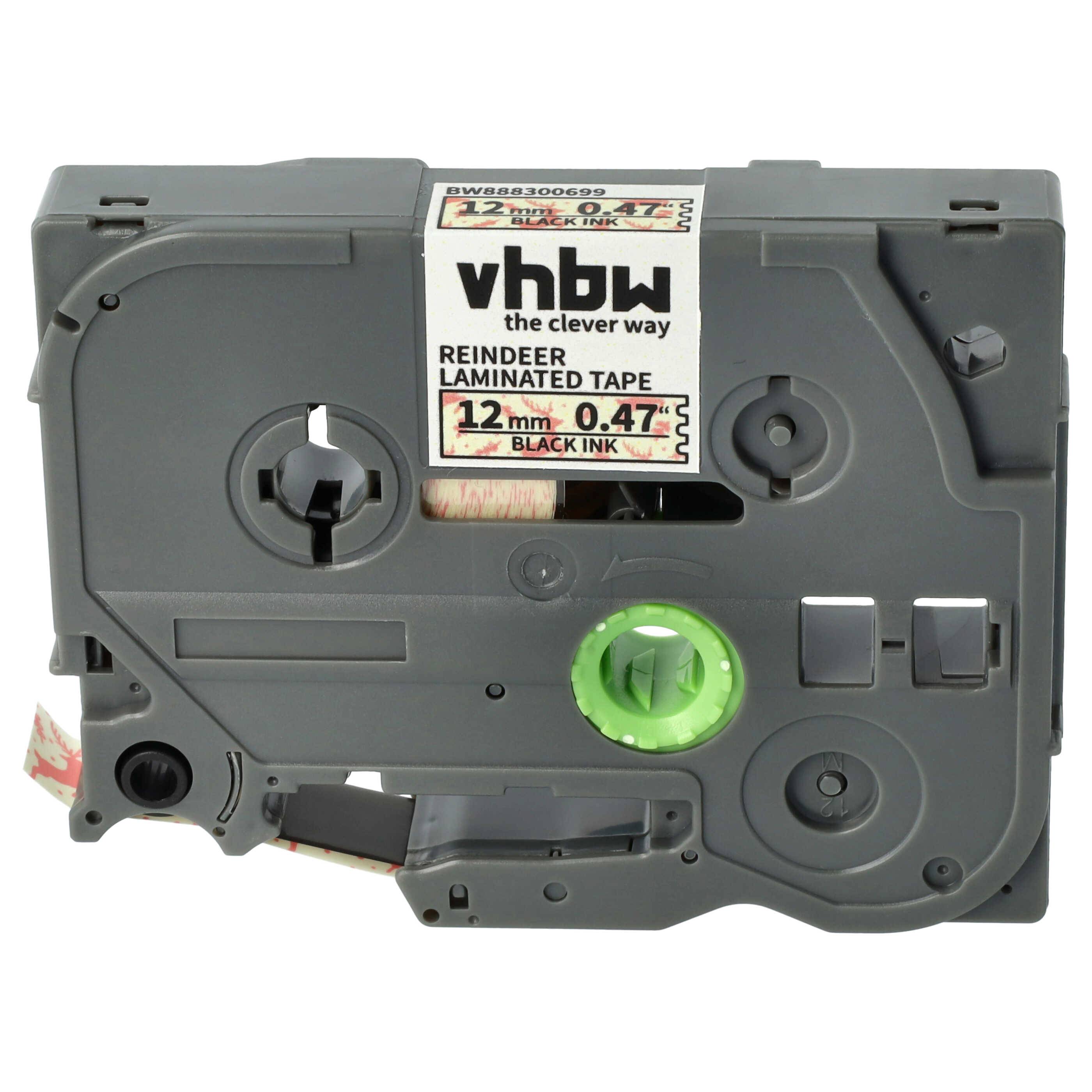 vhbw Schriftband-Kassette kompatibel mit Brother PT 1650, 1700, 1400, 1500pc, 1600 Etiketten-Drucker Schwarz auf Weiß/Rot (Rentiermuster), Laminiert