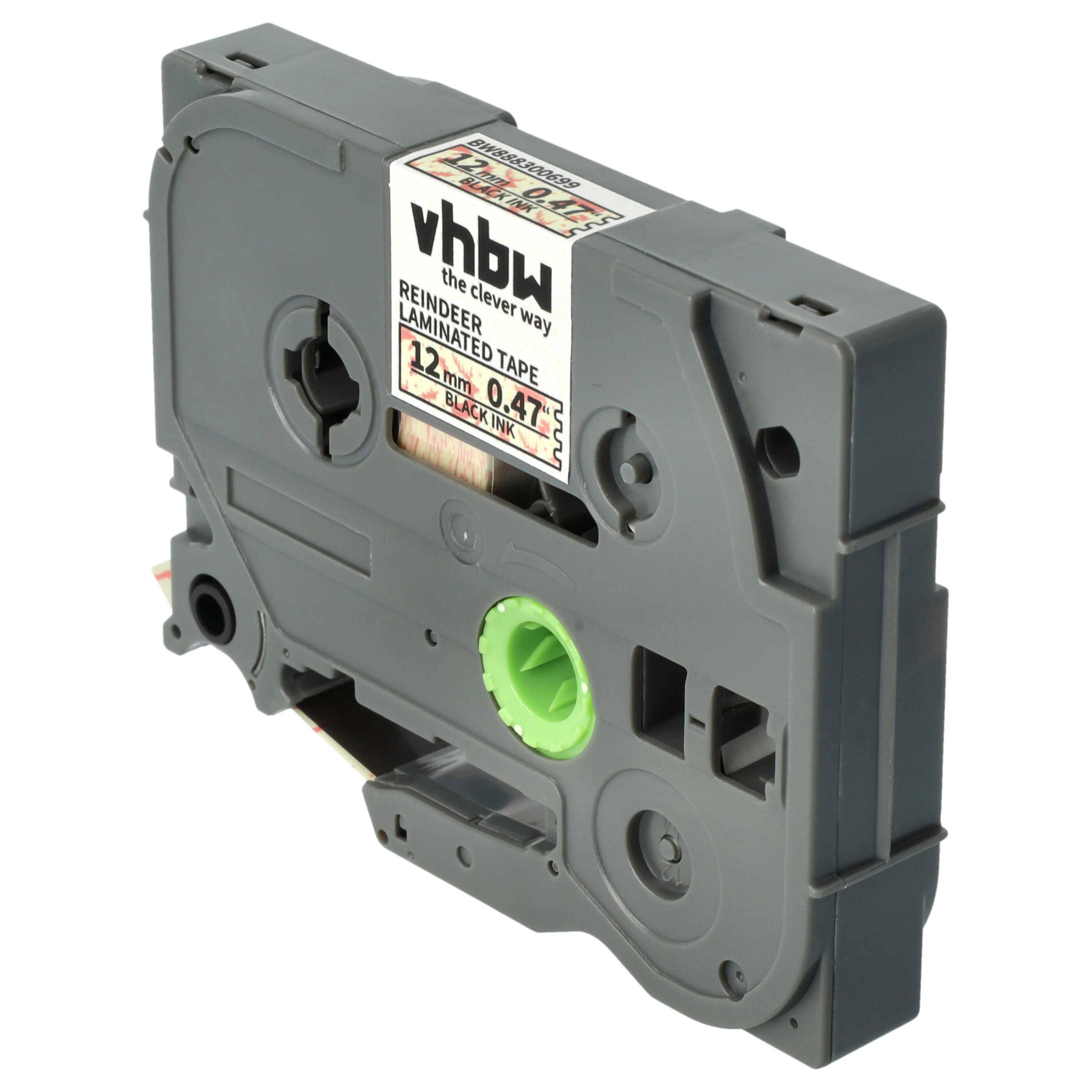 vhbw Schriftband-Kassette kompatibel mit Brother PT 550, 540, 550A, 520, 530, 540C Etiketten-Drucker Schwarz auf Weiß/Rot (Rentiermuster), Laminiert
