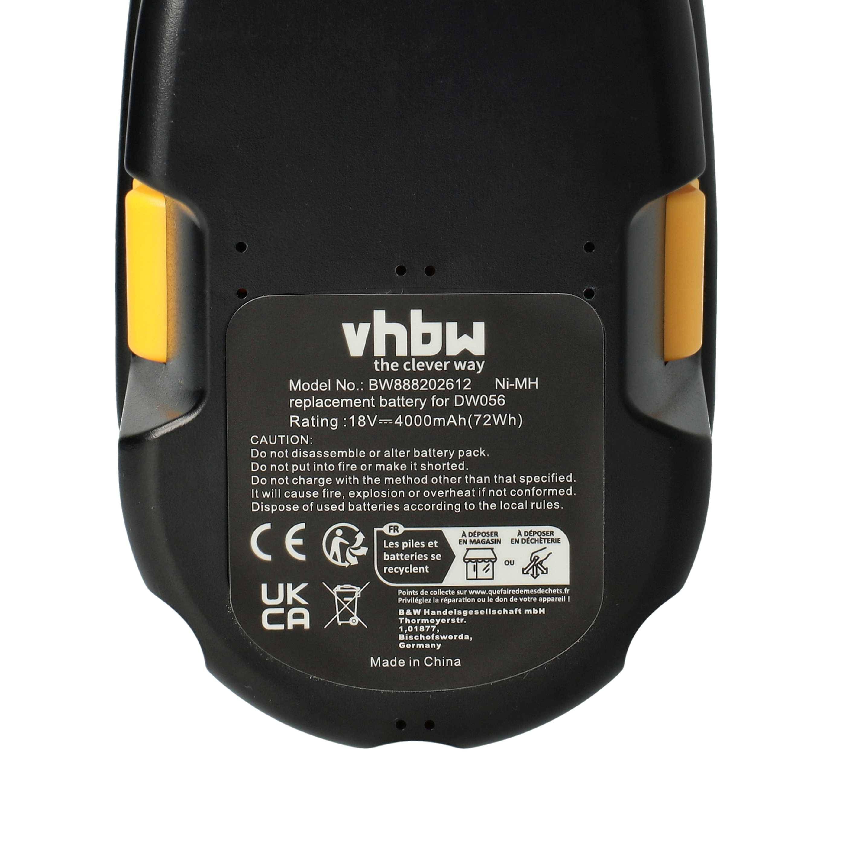 Unteransicht einer schwarzen Batterie mit gelben Seitengriffen, Modell BW888202612 von vhbw. Zeigt Produktdetails und Sicherheitswarnungen.