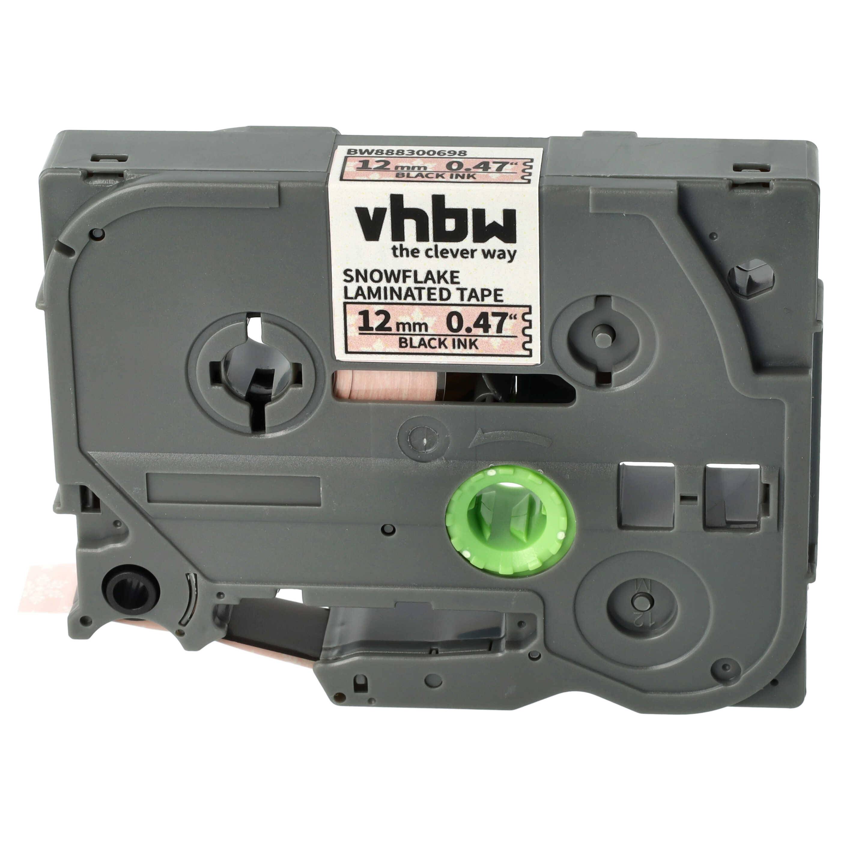 vhbw Schriftband-Kassette kompatibel mit Brother PT 1250VP, 1250VPS Etiketten-Drucker 8m x 12mm Schwarz auf Rosa/Schneeflocken, Laminiert
