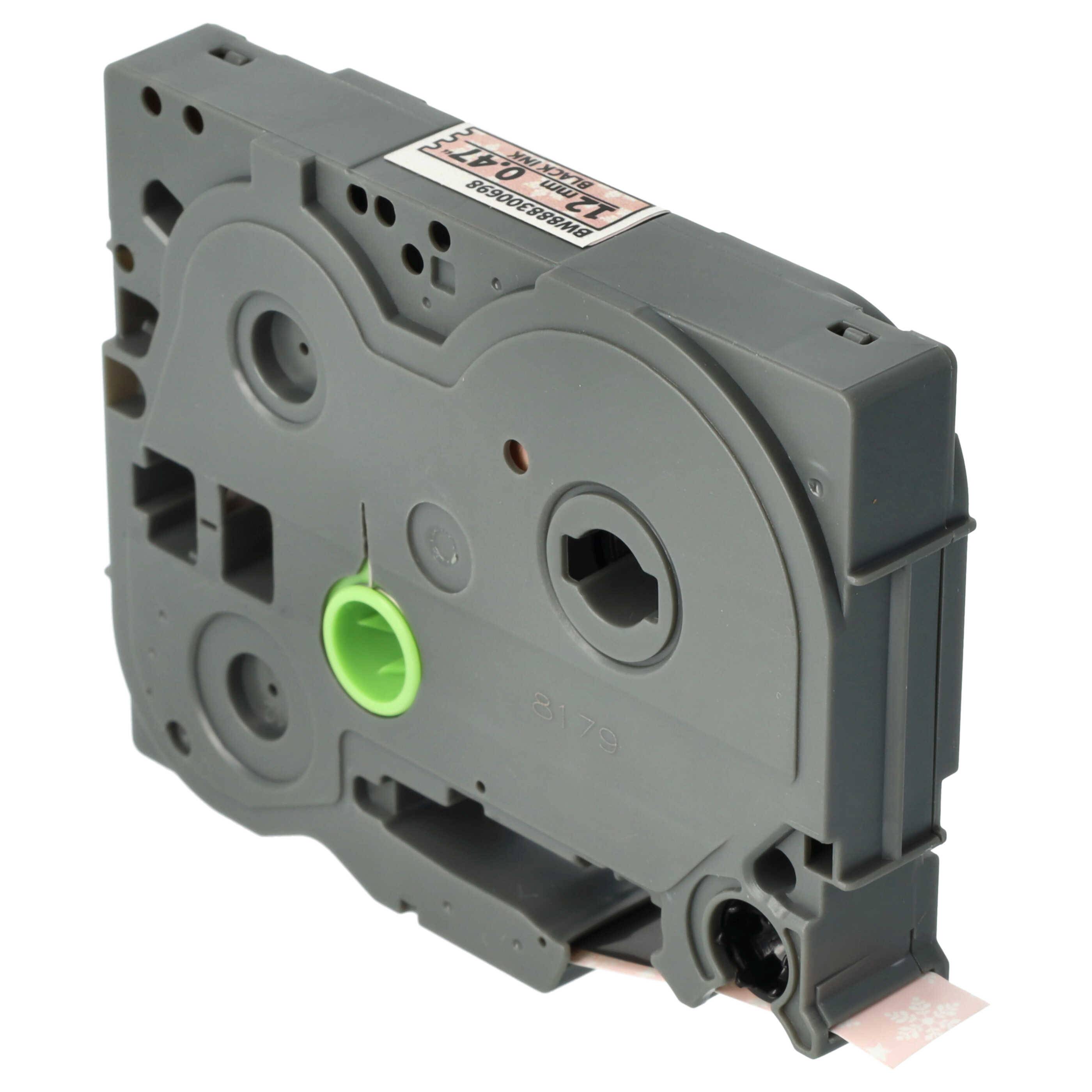 vhbw Schriftband-Kassette kompatibel mit Brother PT E300VP, E300 Etiketten-Drucker 8m x 12mm Schwarz auf Rosa/Schneeflocken, Laminiert