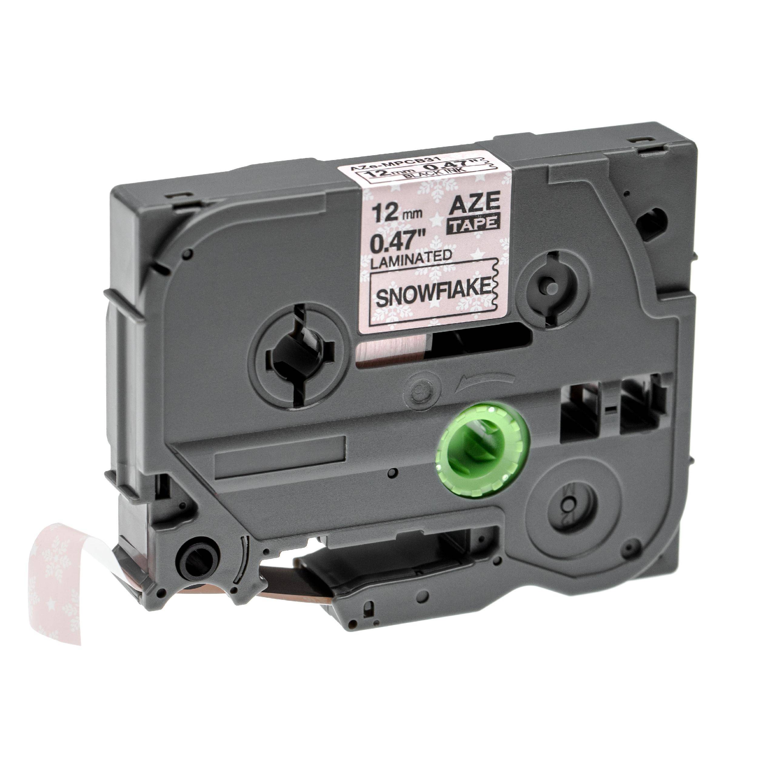 vhbw Schriftband-Kassette kompatibel mit Brother P-Touch E300, GL-100, H100, H100LB, H100R Etiketten-Drucker 12mm Schwarz auf Rosa/Schneeflocken