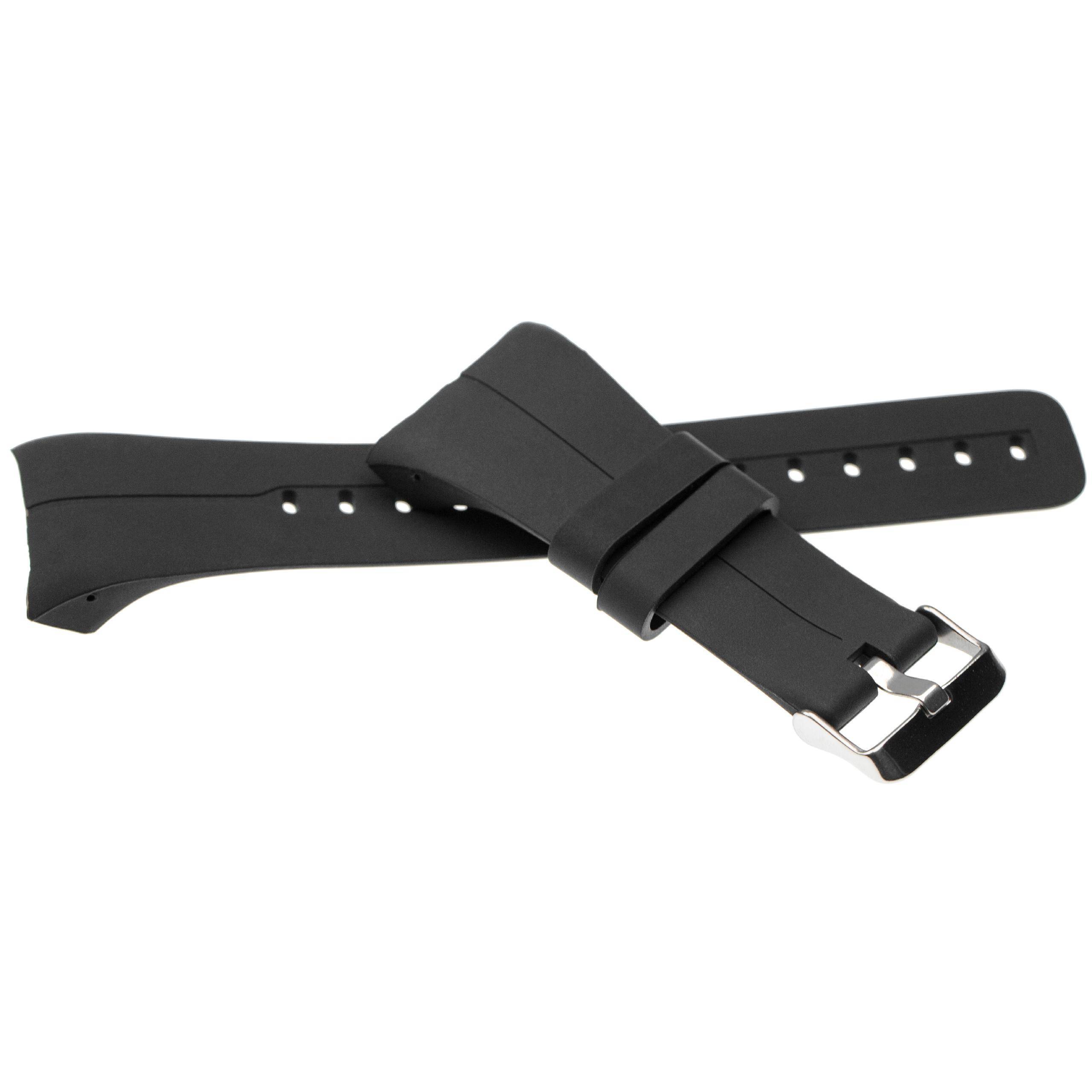 Schwarzes Gummiarmband mit einer silbernen Schnalle, das mehrere Einstellungslöcher zur Größenanpassung aufweist.