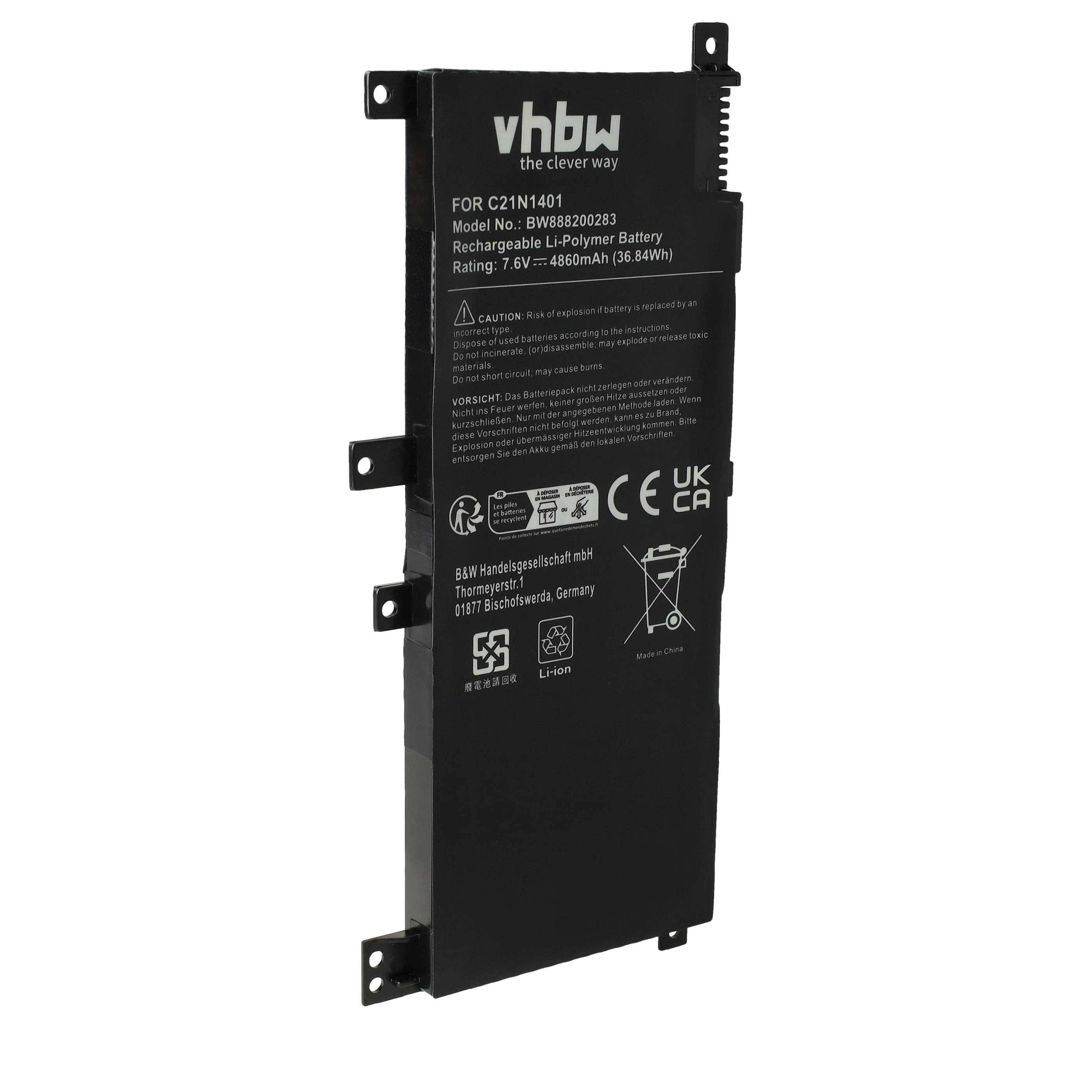 vhbw Akku kompatibel mit Asus K455LB-WX005D, K455LB, K455LB-WX042T, K455LB-WX041T Notebook (4860 mAh, 7,6 V, Li-Polymer)