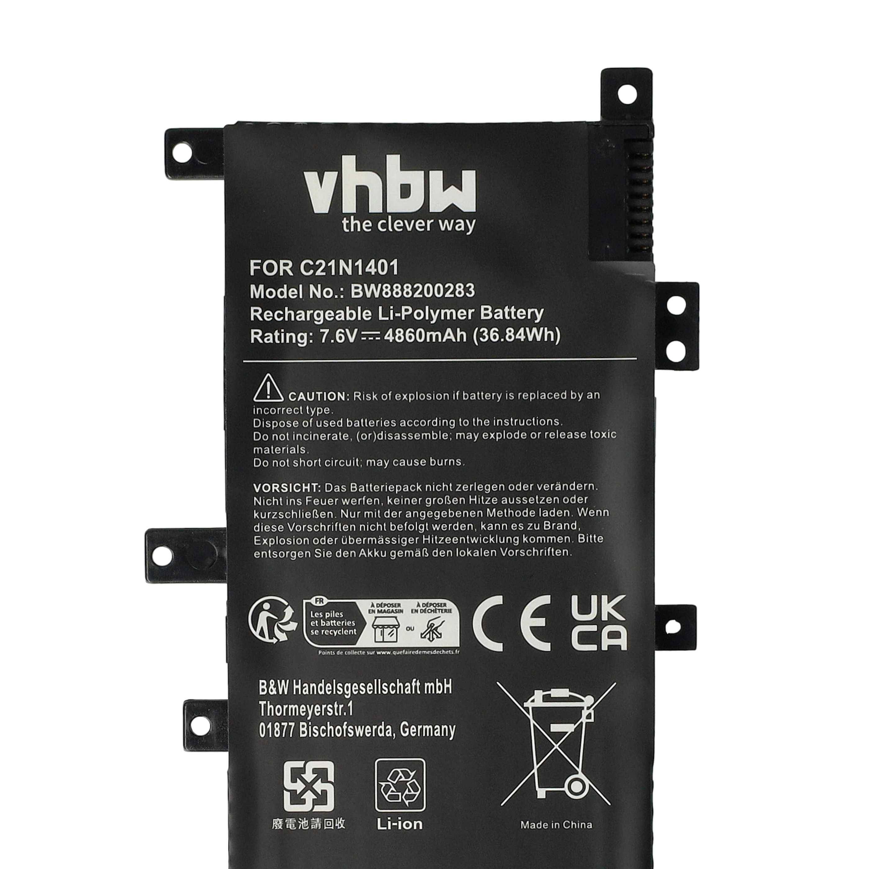 vhbw Akku kompatibel mit Asus X455LA-WX053H, X455LA-WX053D, X455LA-WX063D, X455LA-WX058D Notebook (4860 mAh, 7,6 V, Li-Polymer)