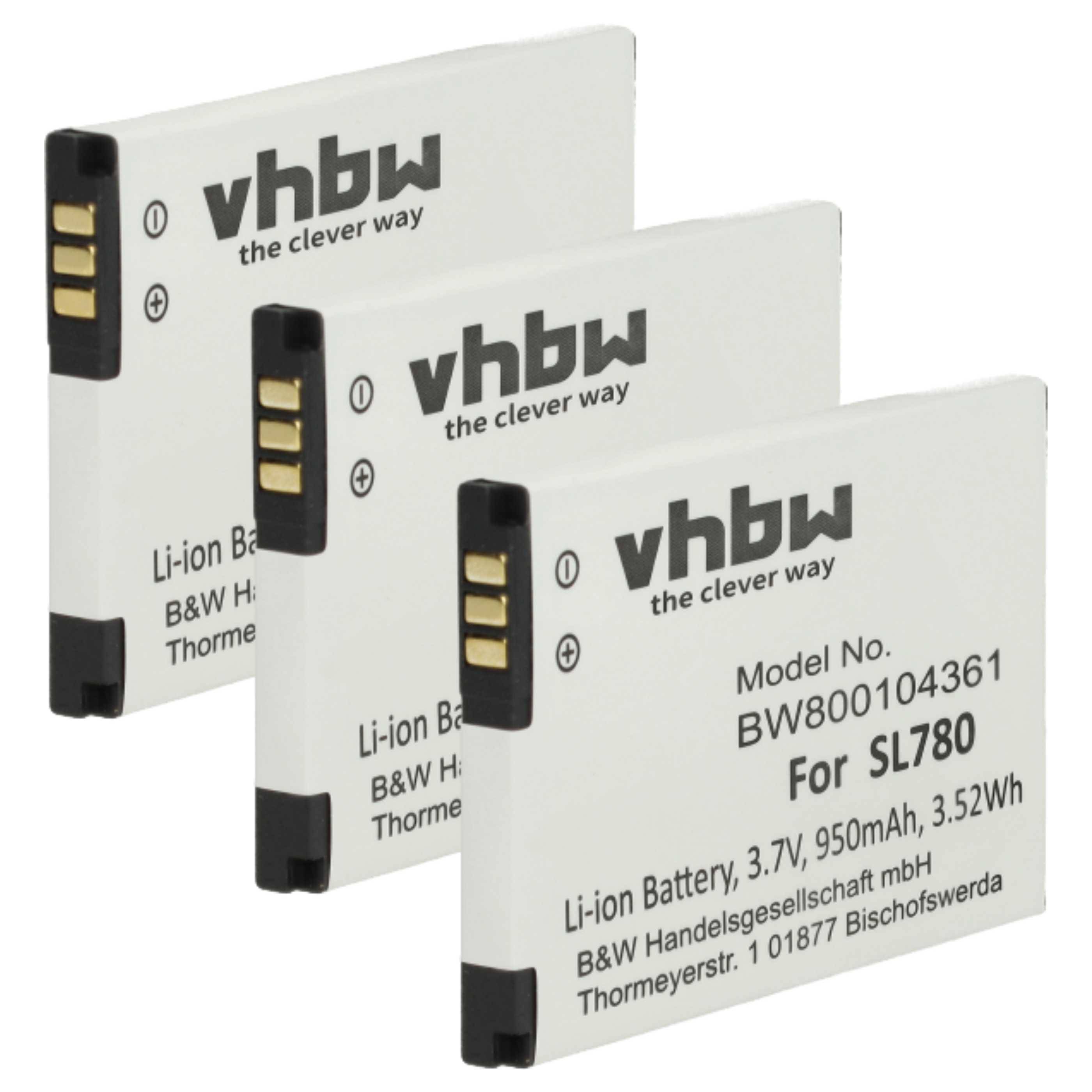Drei überlappende VHBW Lithium-Ionen-Batterien für ein SL780-Gerät, gekennzeichnet mit 3,7V 950mAh, mit sichtbaren Ladekontakten.