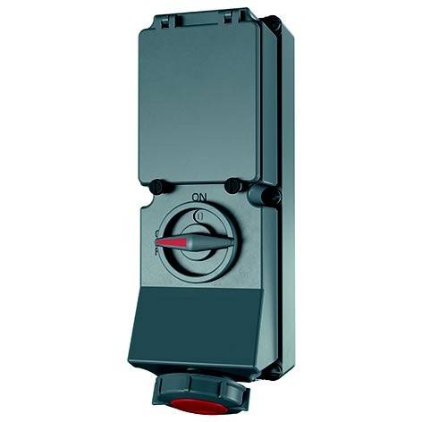 Grüne wasserdichte Elektroschalterbox mit drehbarem EIN/AUS-Regler und rotem Notfallknopf unten.