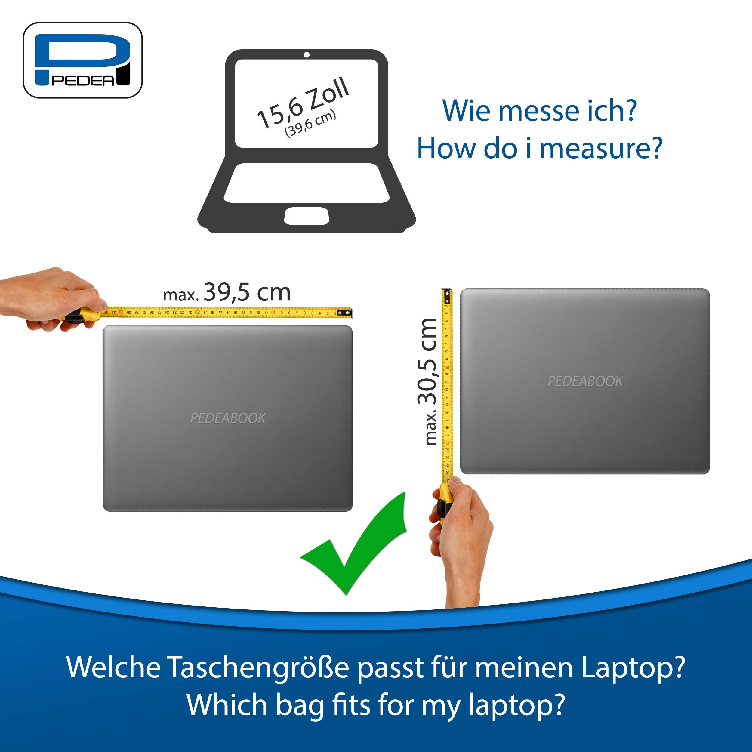 Anleitung zum Messen eines 15,6-Zoll-Laptops für eine Tasche: maximal 39,5 cm breit und maximal 30,5 cm tief.