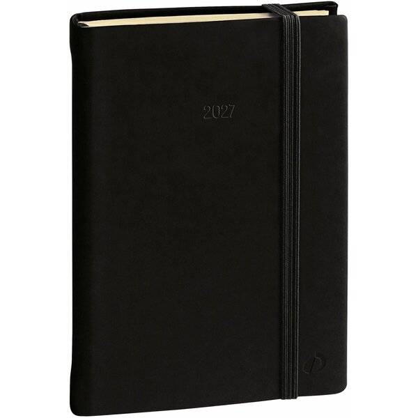 Schwarzer Hardcover-Planer oder Notizbuch für 2027 mit elastischem Verschlussband, geschlossen auf weißem Hintergrund dargestellt.