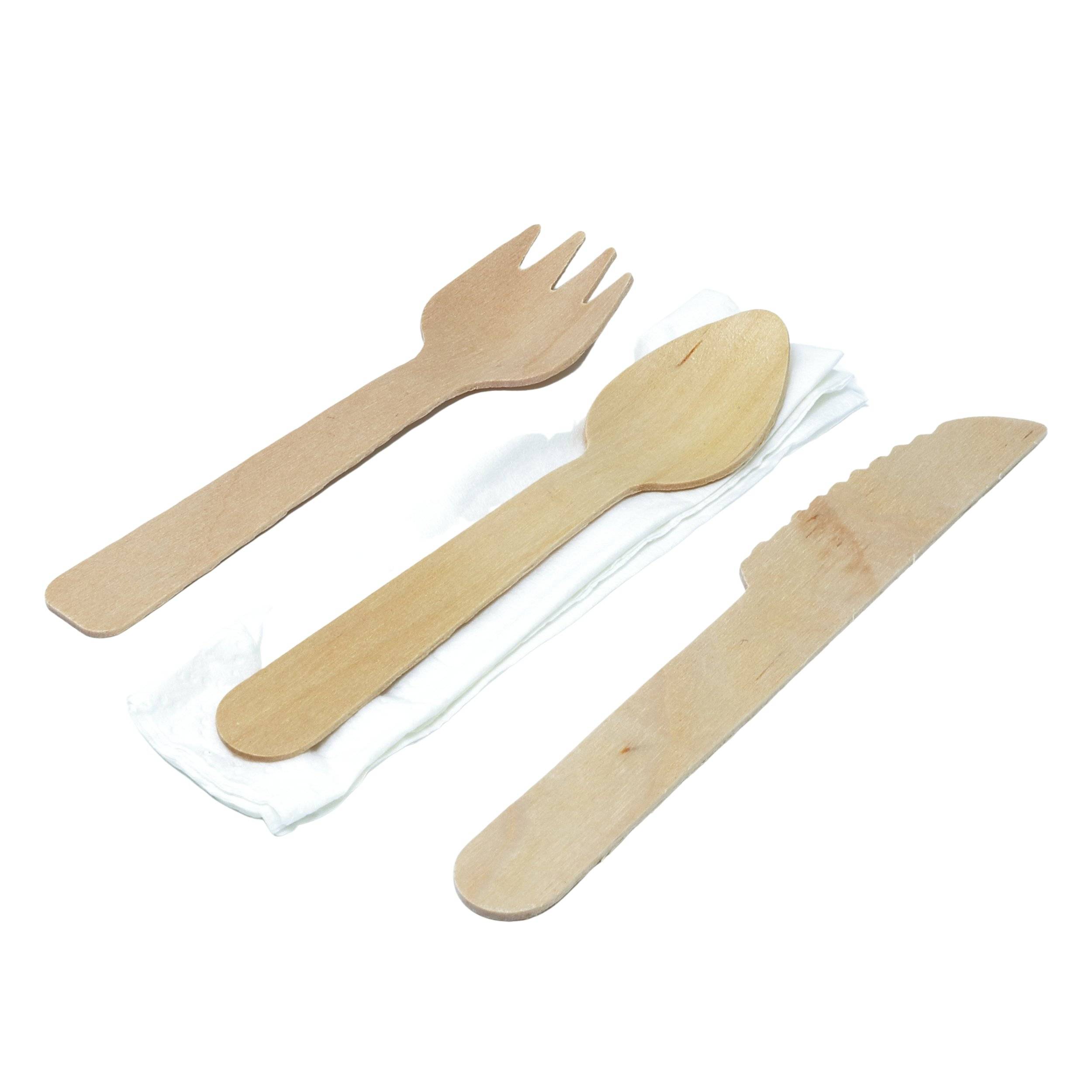 Bio Besteckset Holz Gabel, Messer, Löffel und Serviette 25 x 25cm, 1-lagig, einzeln verpackt