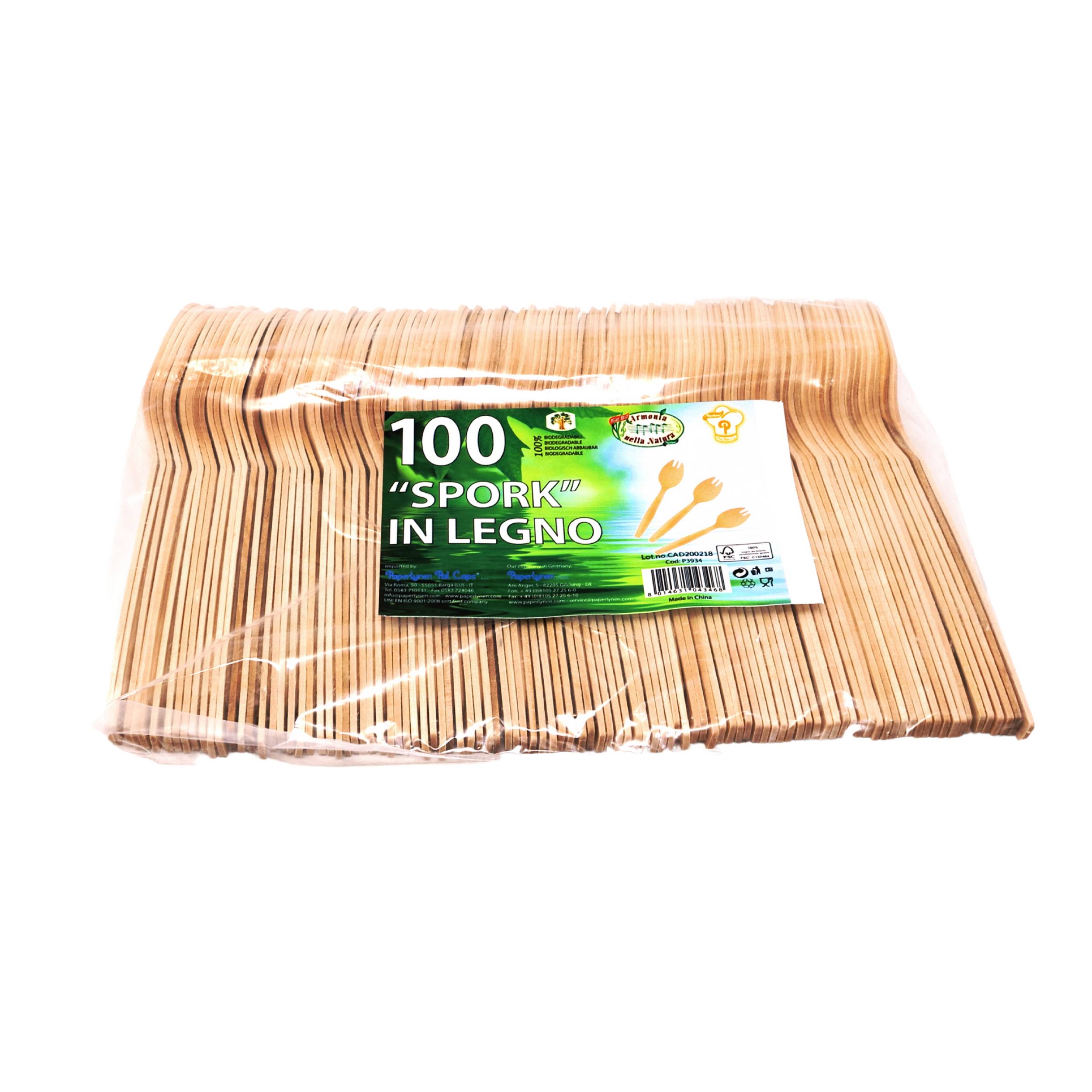 Dreispitzgabel “Spork” aus Holz, 140 mm - Verpackung: 100 Stück