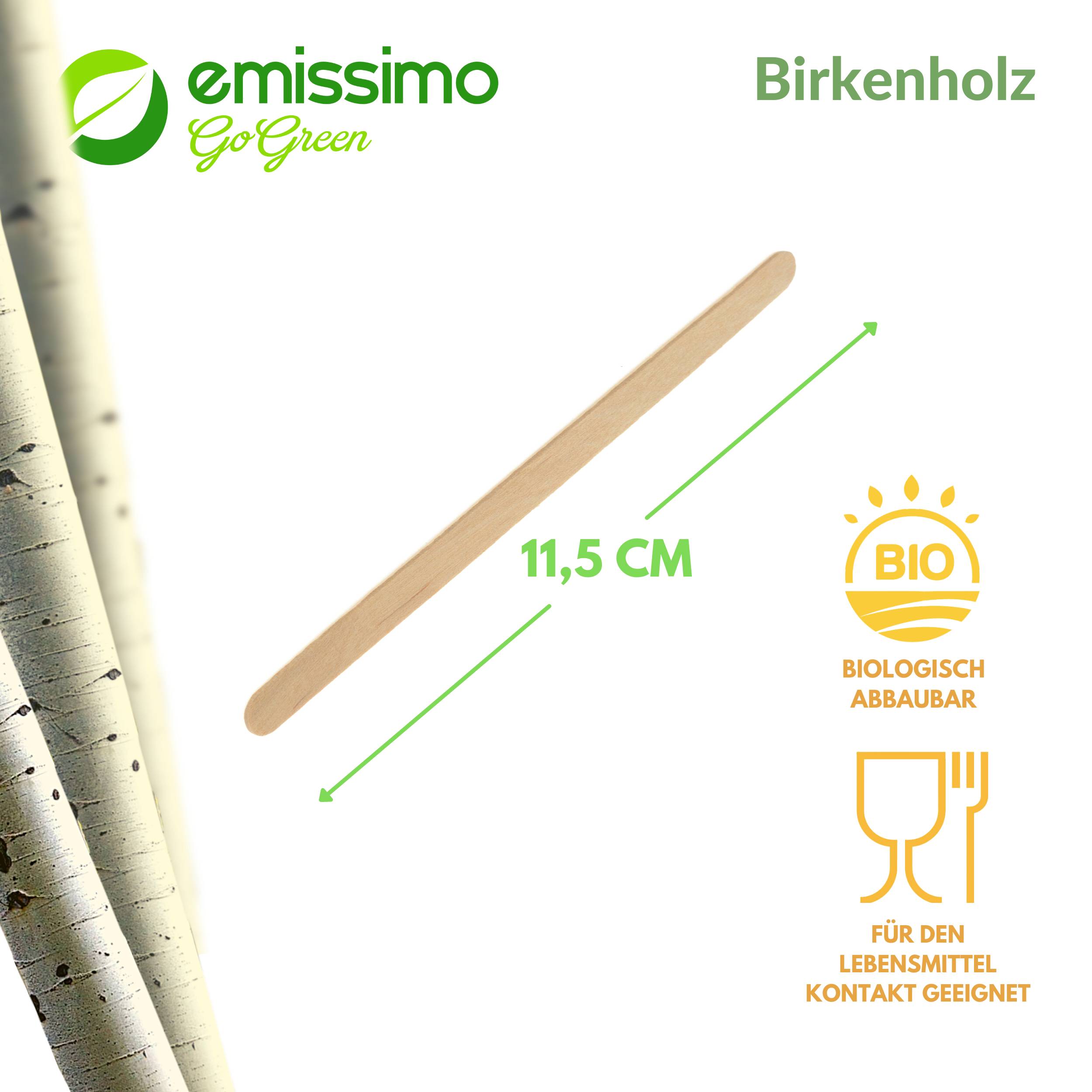 Rührstäbchen aus Holz für Kaffee, 115 x 6 x 1,1 mm - Verpackung: 1000 Stück/Spenderbox