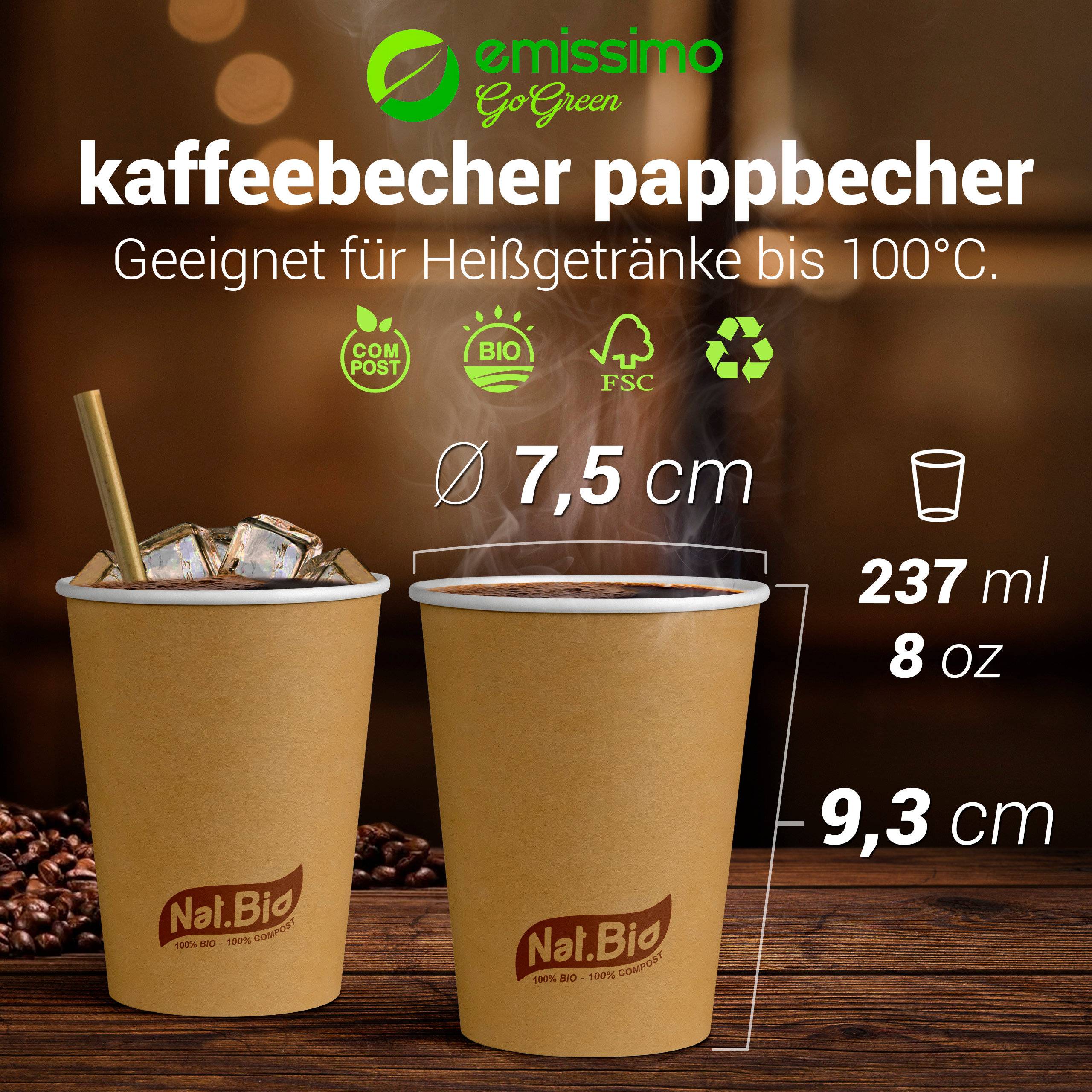 Pappbecher braun für heiße und kalte Getränke - kompostierbar - Kapazität 237ml 8 oz - 50 Stück