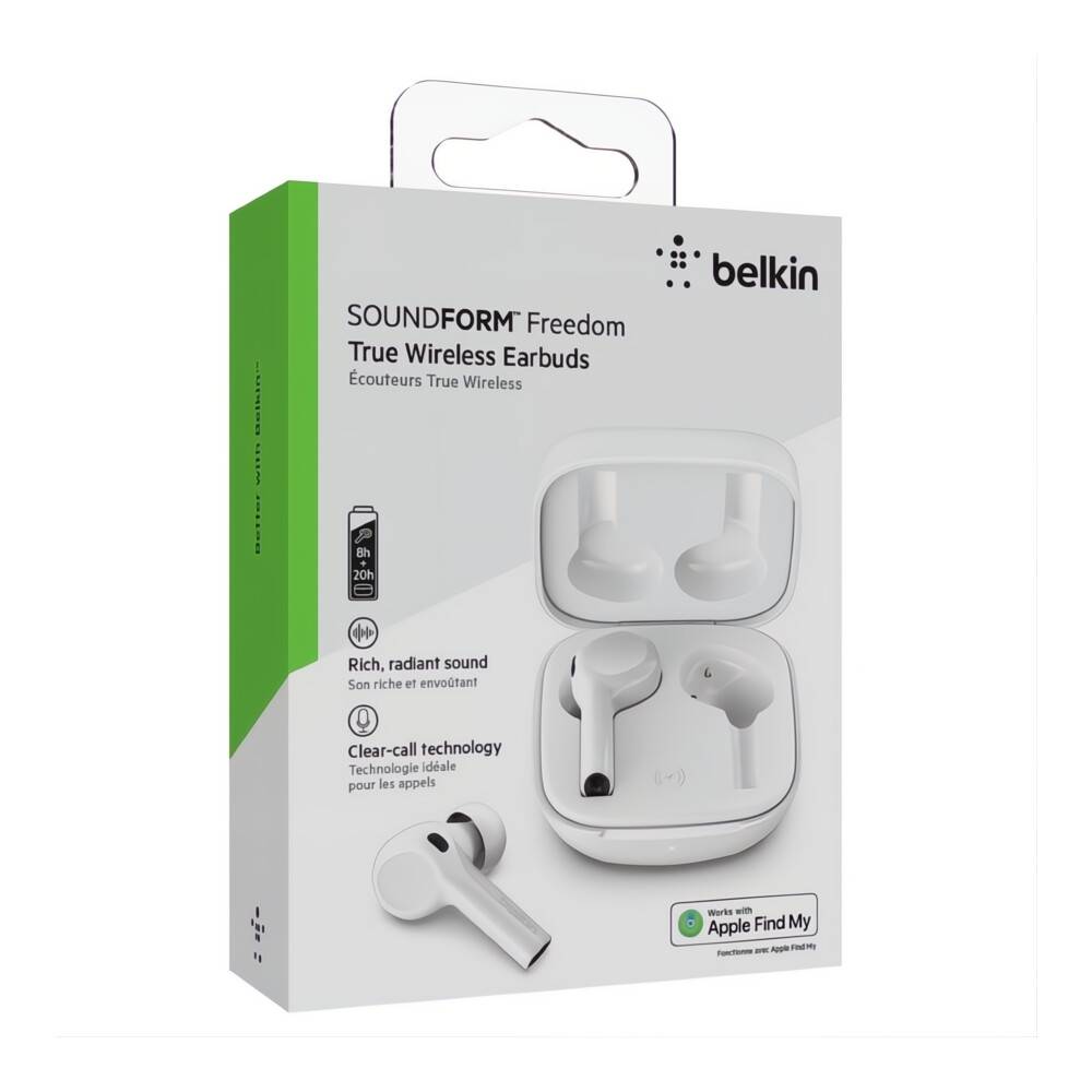 Schachtel mit Abbildung von weißen kabellosen True-Wireless-Ohrhörern von Belkin, beschriftet mit 