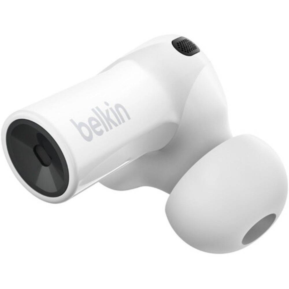 Weißer kabelloses Earbud mit „Belkin