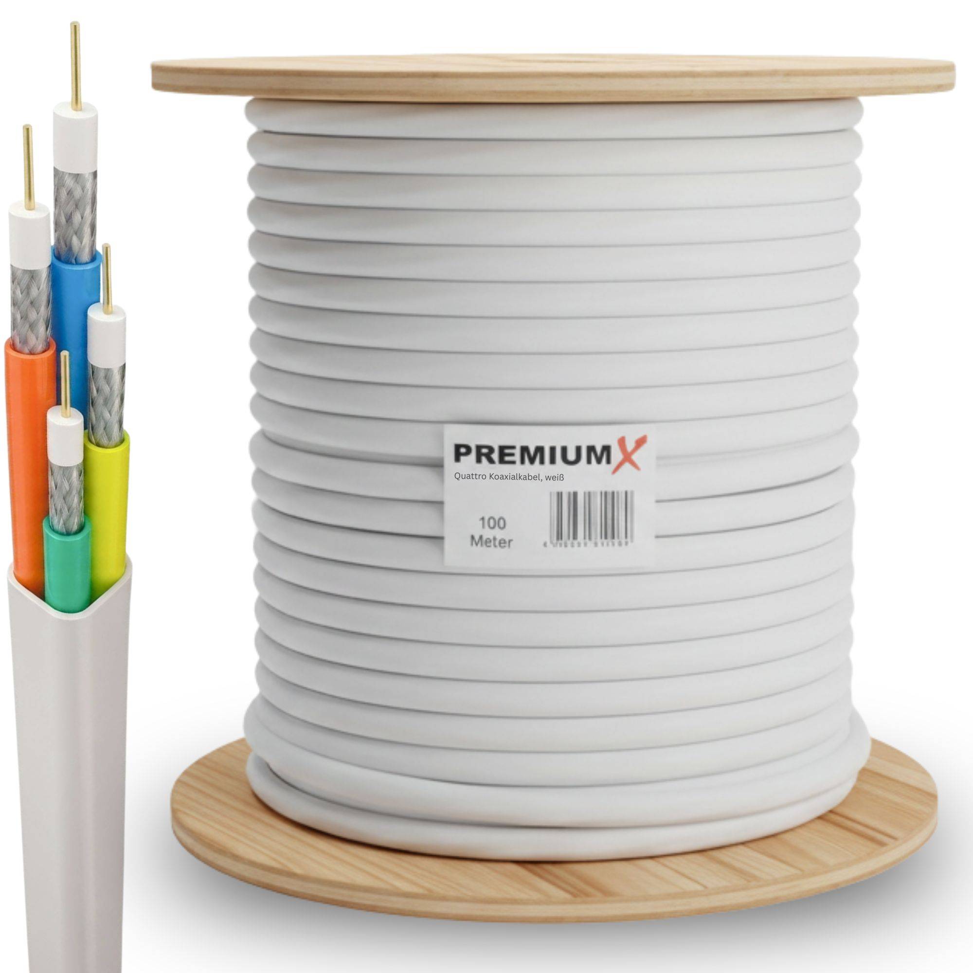 PremiumX 100m Quattro Quad Kabel 4in1 SAT Koaxialkabel 4-Fach Weiß Antennenkabel 90dB 2-fach geschirmt Digital 4K 8K UHD DVB-S2 für LNB Multischalte