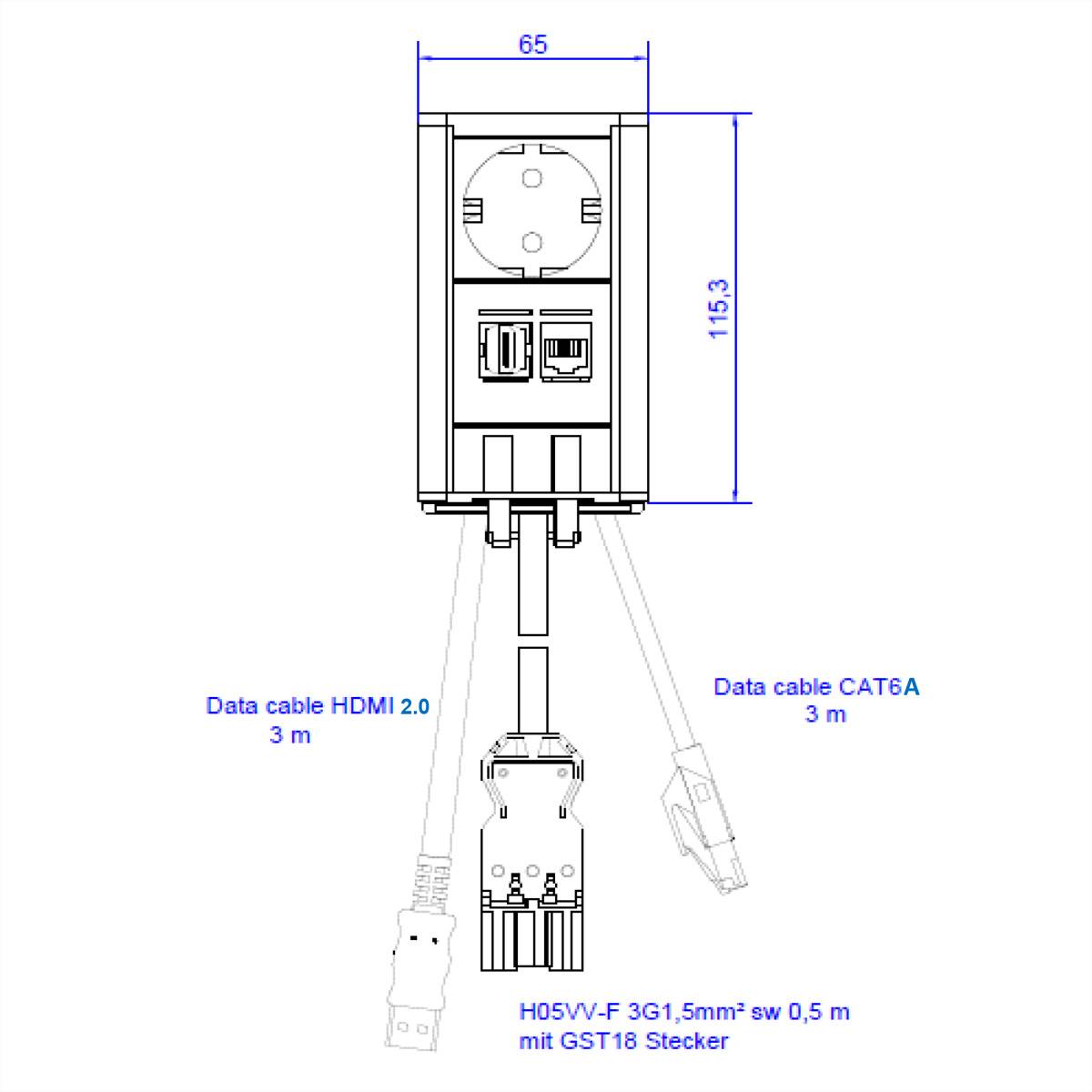 BACHMANN ELEVATOR 1xCEE7/3 1xHDMI 1xCAT6A 90° 0,5m GST18