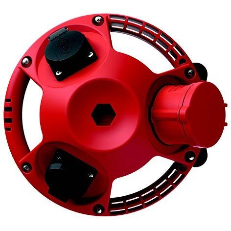 Roter industrieller elektrischer Stecker mit rundem Gehäuse, Seitenkappen und zentraler sechseckiger Öffnung auf weißem Hintergrund.
