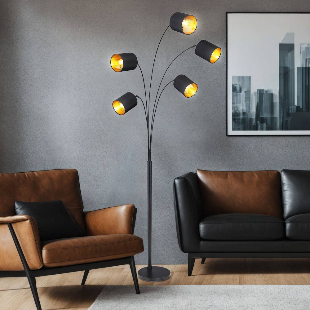 Design Standleuchte 5 flammig Textilschirme schwarz gold schwenkbar Stehlampe, Fußschalter, 5x E14 max 40 Watt, LxBxH 74x70x204cm, Wohnzimmer