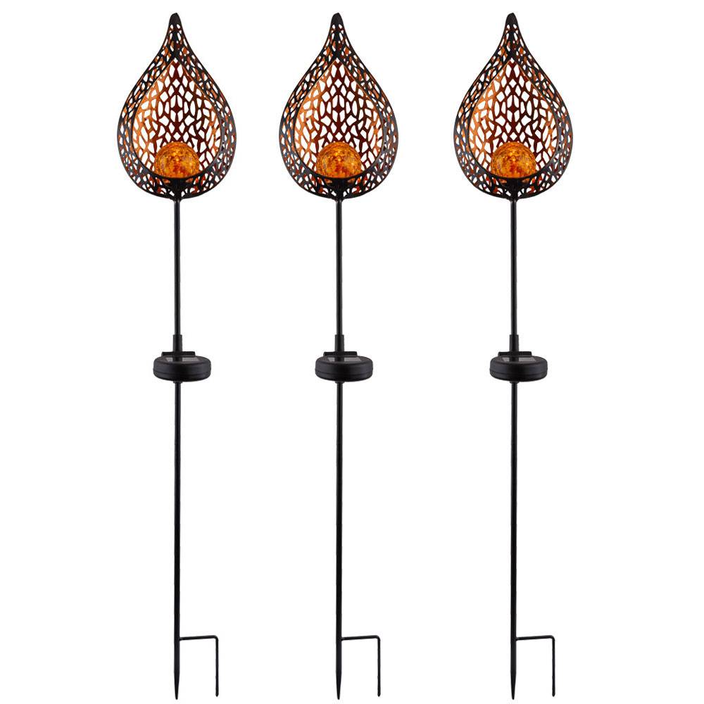 LED Solar Außen Stecklampe Flammeneffekt Solarleuchte Gartendeko Glas Kugel Erdspieß, Gold, 1x LED, L x x H16 x 7 x 90 cm, 3x