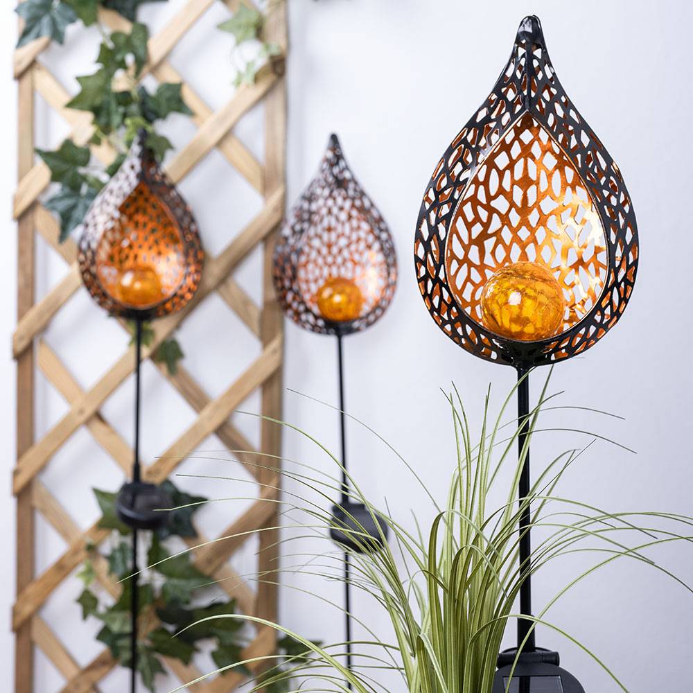 LED Solar Außen Stecklampe Flammeneffekt Solarleuchte Gartendeko Glas Kugel Erdspieß, Gold, 1x LED, L x x H16 x 7 x 90 cm, 3x
