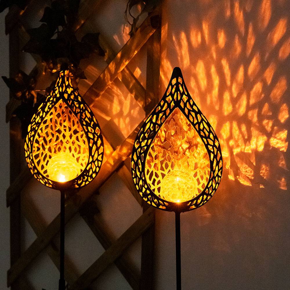 Solarleuchte Flamme Garten Solarstab für Außen Solar Garten Deko für Außen, mit Erdspieß und Lichteffekt, Crackle Glas, 10x LED warmweiß, H 90 c