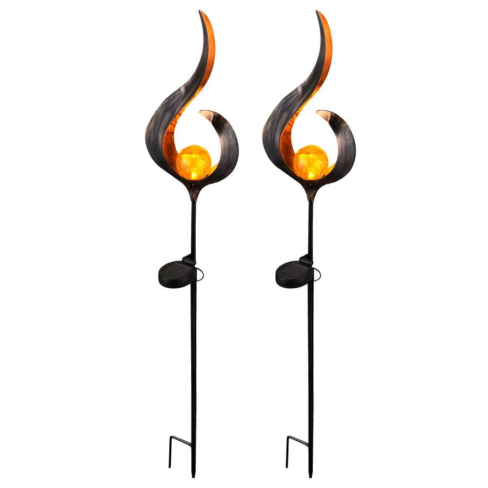 Solarleuchte Flamme Garten Solarstab für Außen Solar Garten Deko für Außen, mit Erdspieß und Crackle Glas Lichteffekt, 1x LED, H 90 cm, 2er Set