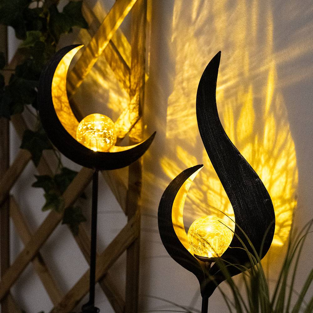 Solarleuchte Flamme Garten Solarstab Solar Deko für Außen im Flammen und Mond Design, mit Erdspieß und Lichteffekt, 1x LED warmweiß, H 90 cm, 2er