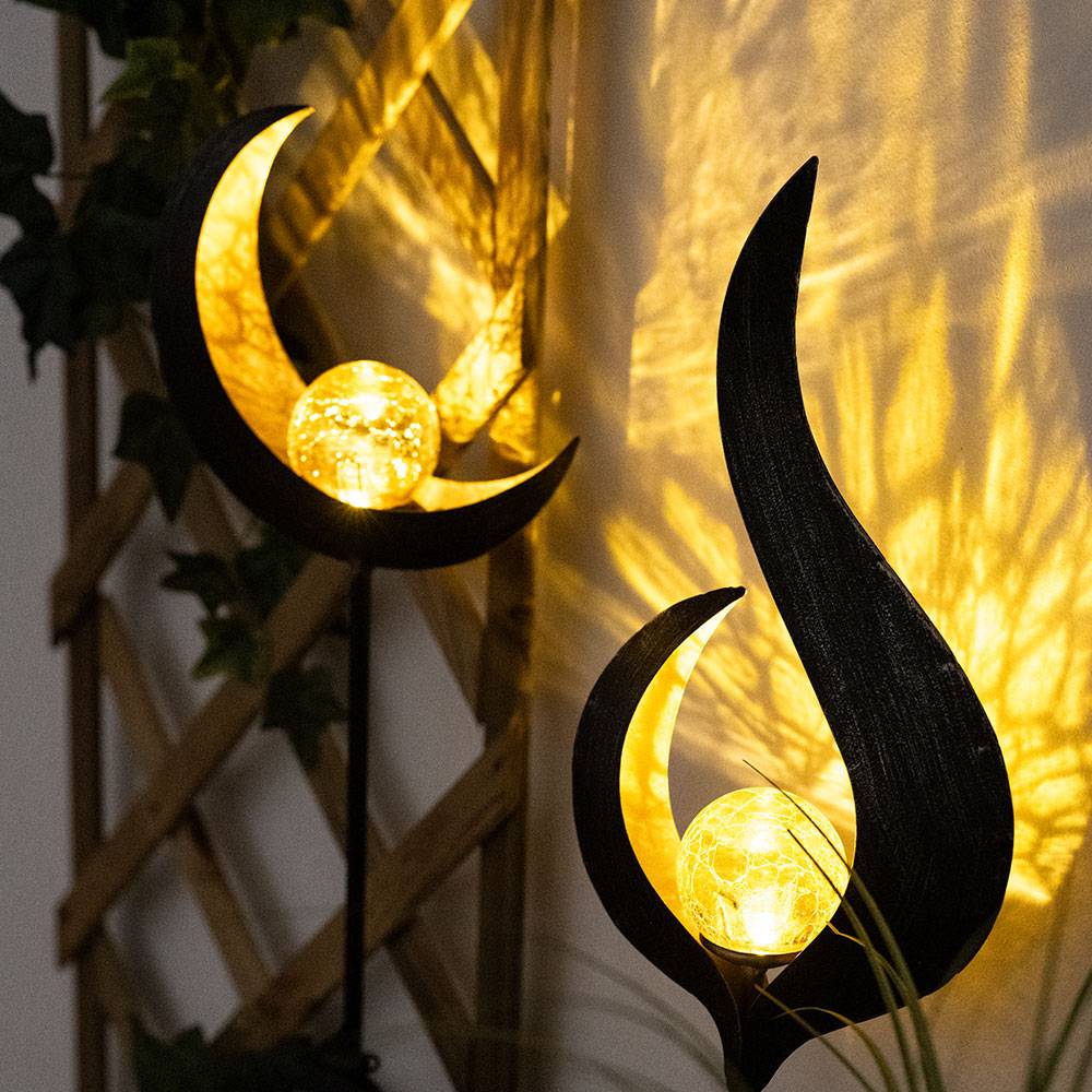 Solarleuchte Flamme Garten Solarstab Solar Deko für Außen im Flammen und Mond Design, mit Erdspieß und Lichteffekt, 1x LED warmweiß, H 90 cm, 2er