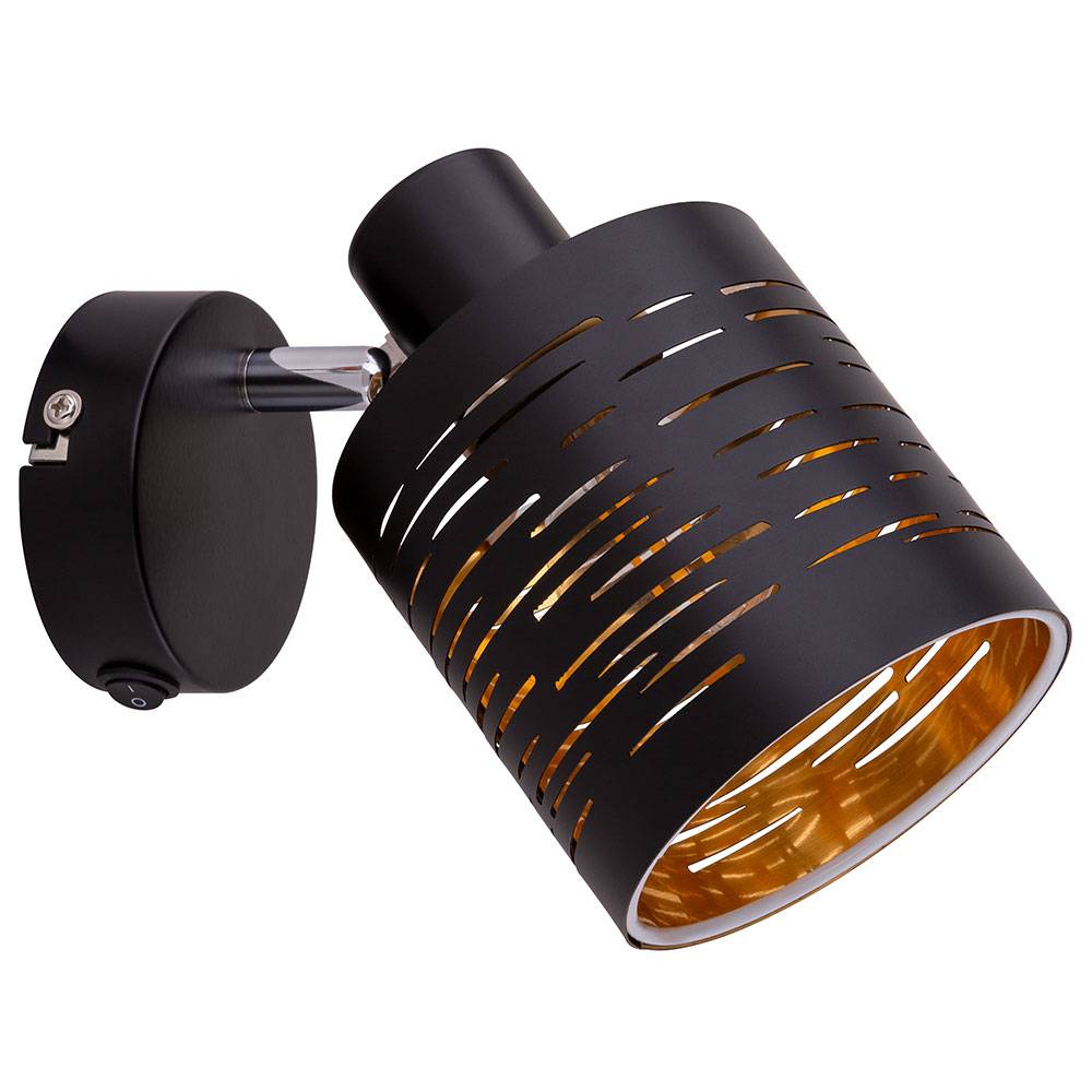 Wandleuchte Schwarz Wandlampe Gold Strahler Schlafzimmer mit beweglichem Spot, Metall Muster 1 Flammig, 1x E14, BxHxT 10x14,5x13 cm