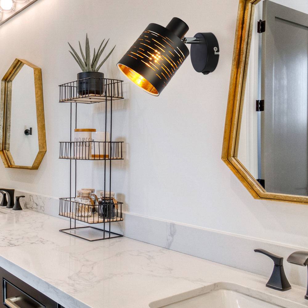 Wandleuchte Schwarz Wandlampe Gold Strahler Schlafzimmer mit beweglichem Spot, Metall Muster 1 Flammig, 1x E14, BxHxT 10x14,5x13 cm