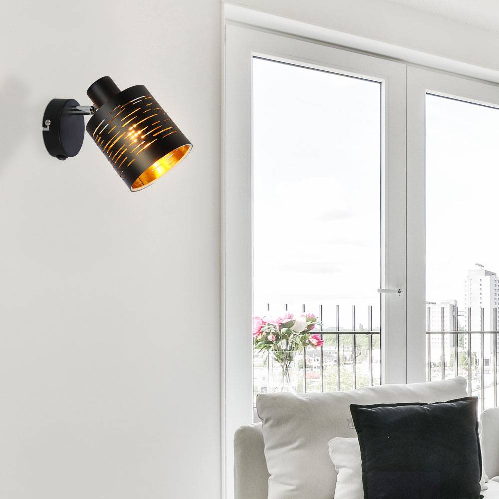 Wandleuchte Schwarz Wandlampe Gold Strahler Schlafzimmer mit beweglichem Spot, Metall Muster 1 Flammig, 1x E14, BxHxT 10x14,5x13 cm