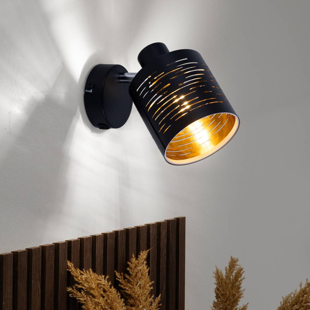 Wandleuchte Schwarz Wandlampe Gold Strahler Schlafzimmer mit beweglichem Spot, Metall Muster 1 Flammig, 1x E14, BxHxT 10x14,5x13 cm