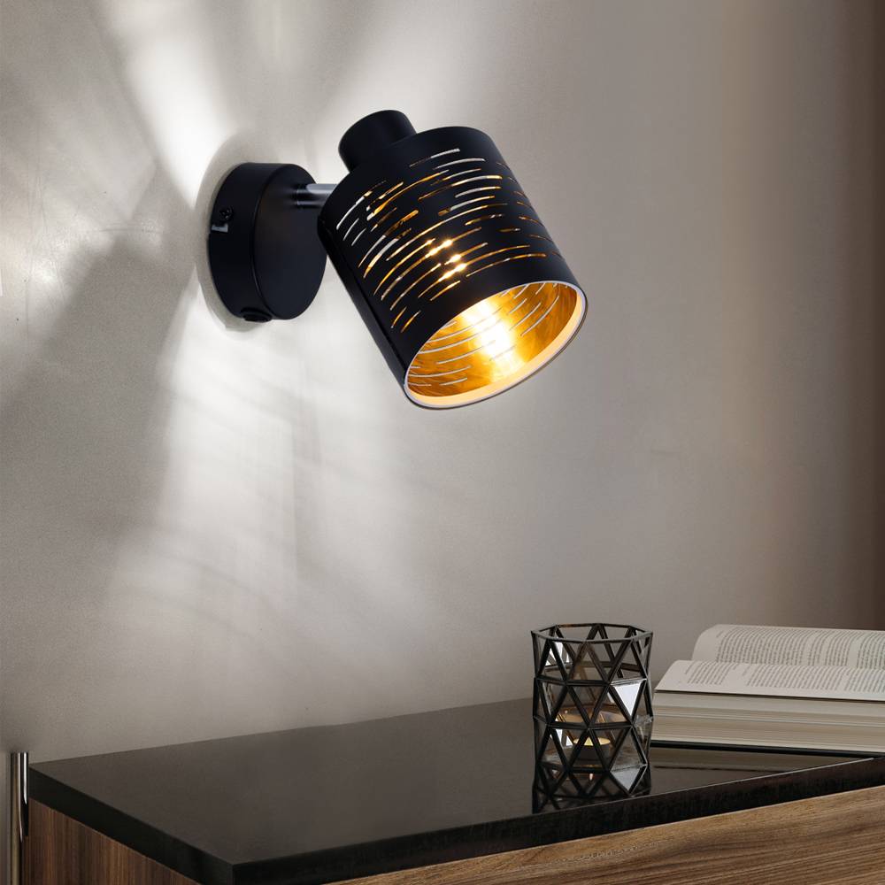 Wandleuchte Schwarz Wandlampe Gold Strahler Schlafzimmer mit beweglichem Spot, Metall Muster 1 Flammig, 1x E14, BxHxT 10x14,5x13 cm
