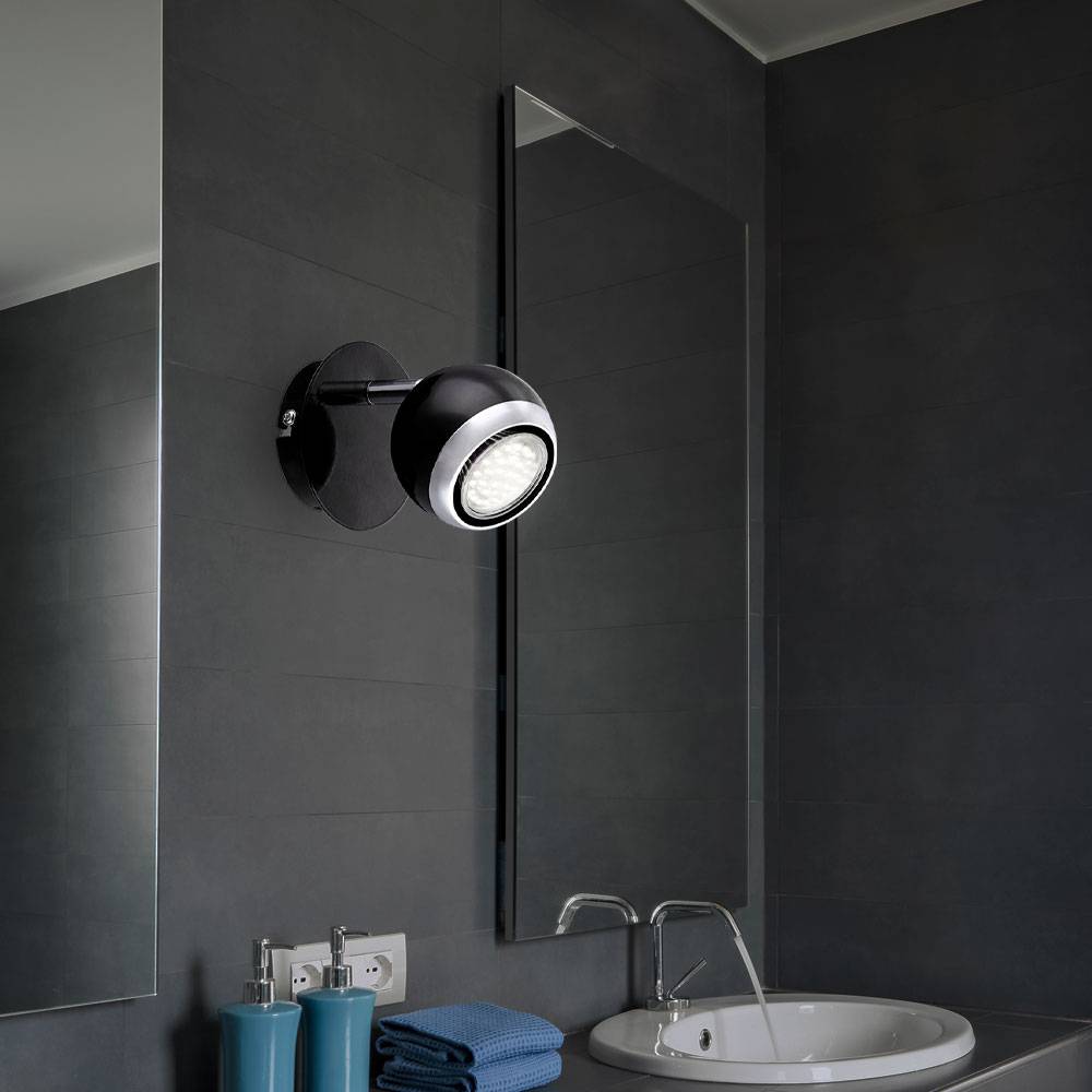 Wandlampe Metall Chrom Wandspot verstellbar LED Strahler, beweglicher Spot, schwarz ring Design, 1x LED 3W 250 lm warmweiß, H 11,5 cm