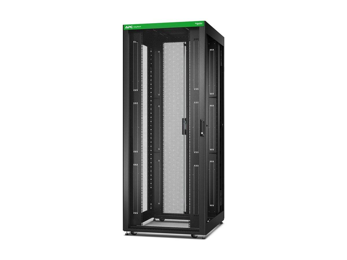 Schwarzer APC-Serverschrank mit Glastür vorne und grüner Oberflächenverkleidung, vor weißem Hintergrund abgebildet.